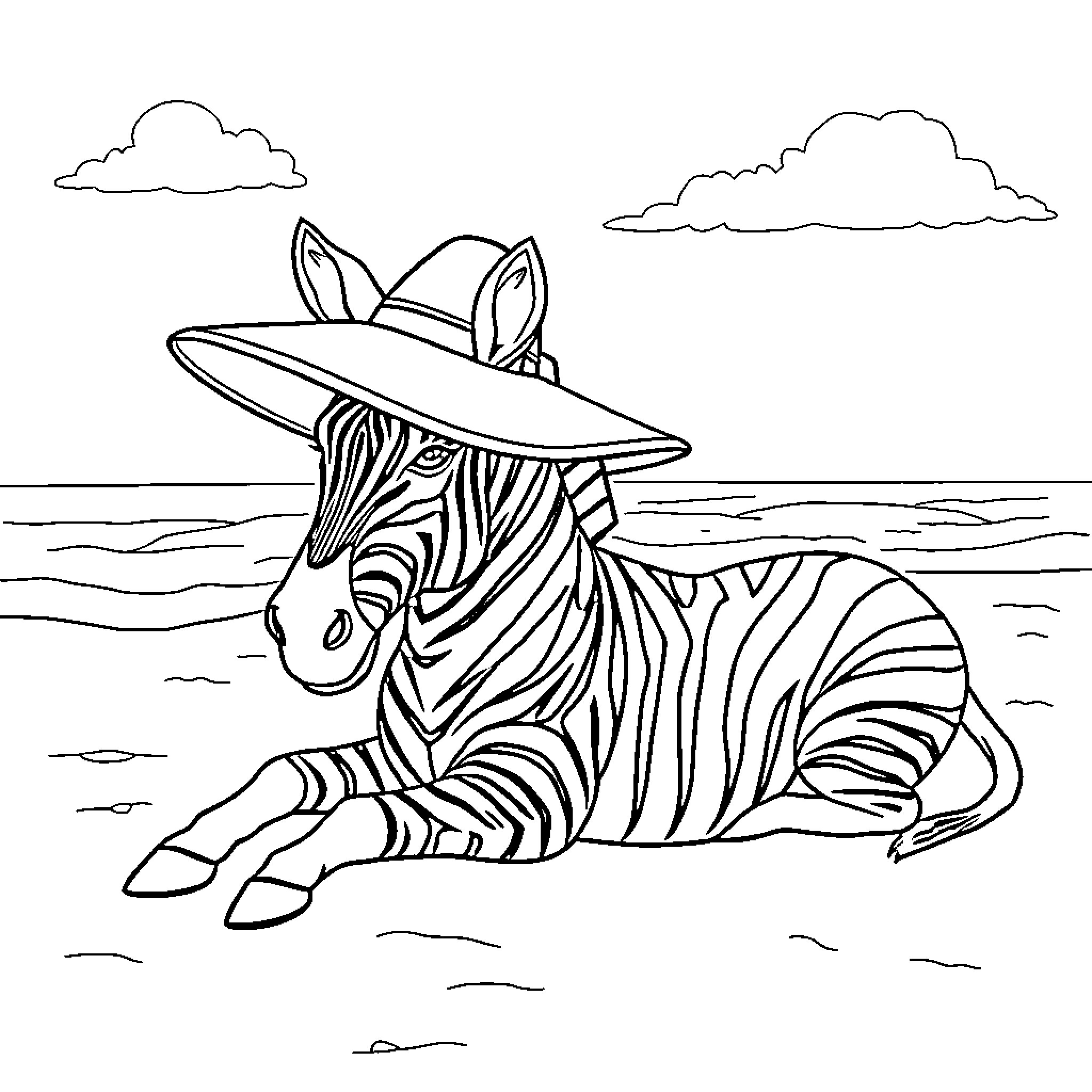 Zebra wearing a beach hat resting on the shore Coloring Page (free black-and-white line drawing printable PDF for all, from beginners to advanced learners, including children, teens, adults, and seniors)