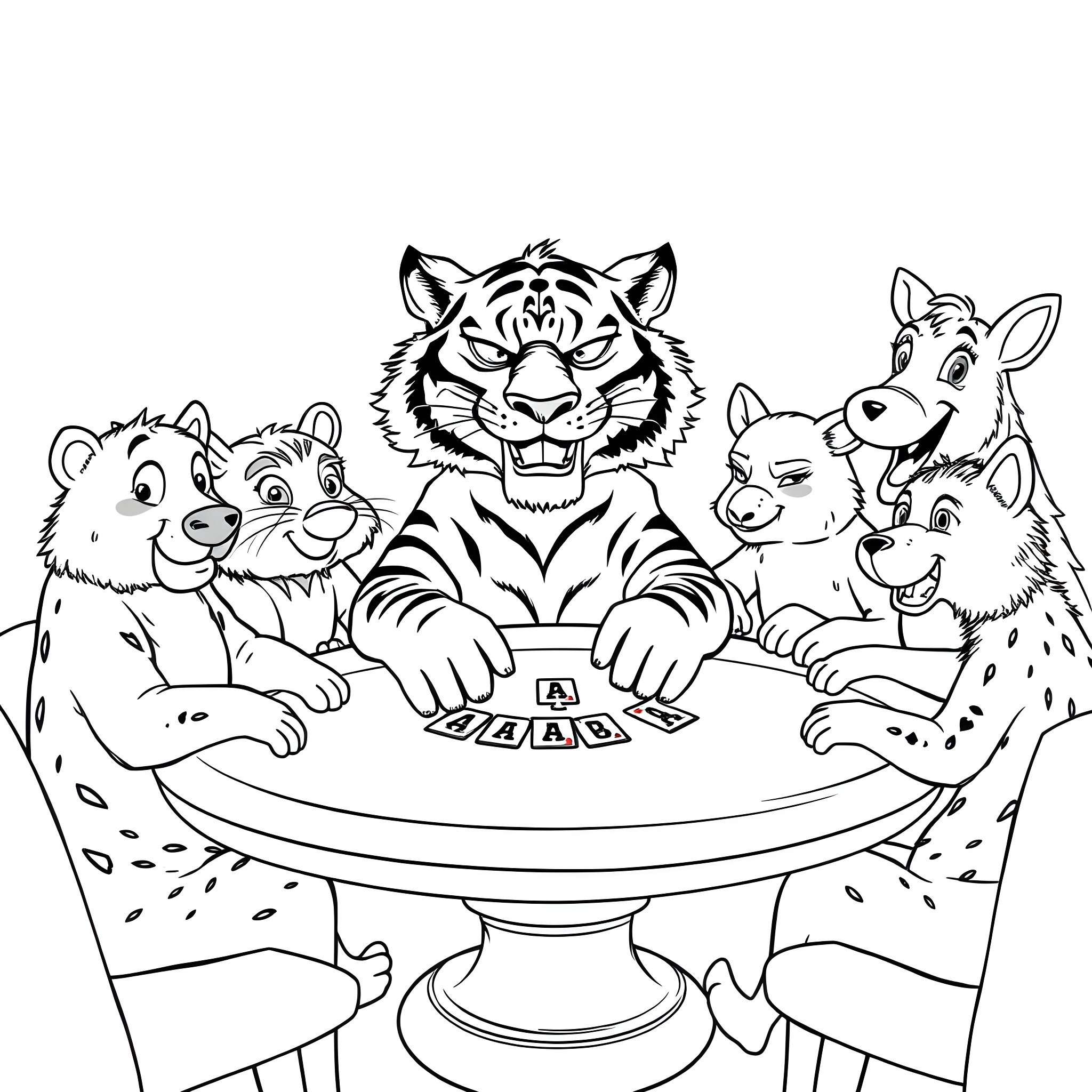 Tiger playing poker with animal friends Coloring Page (free black-and-white line drawing printable PDF for all, from beginners to advanced learners, including children, teens, adults, and seniors)