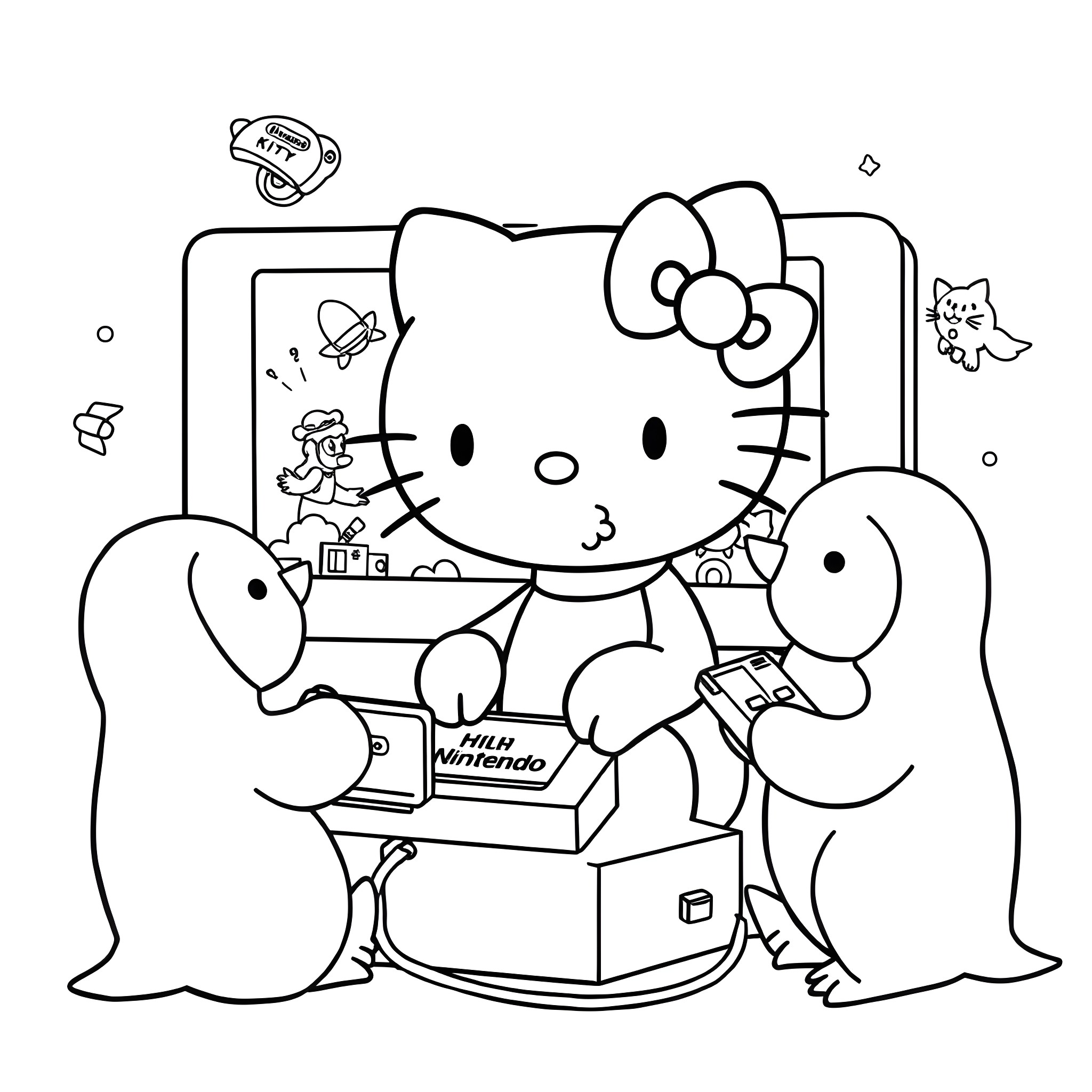 Hello Kitty Enjoying a Fun Playtime with Friends Coloring Page (free black-and-white line drawing printable PDF for all, from beginners to advanced learners, including children, teens, adults, and seniors)