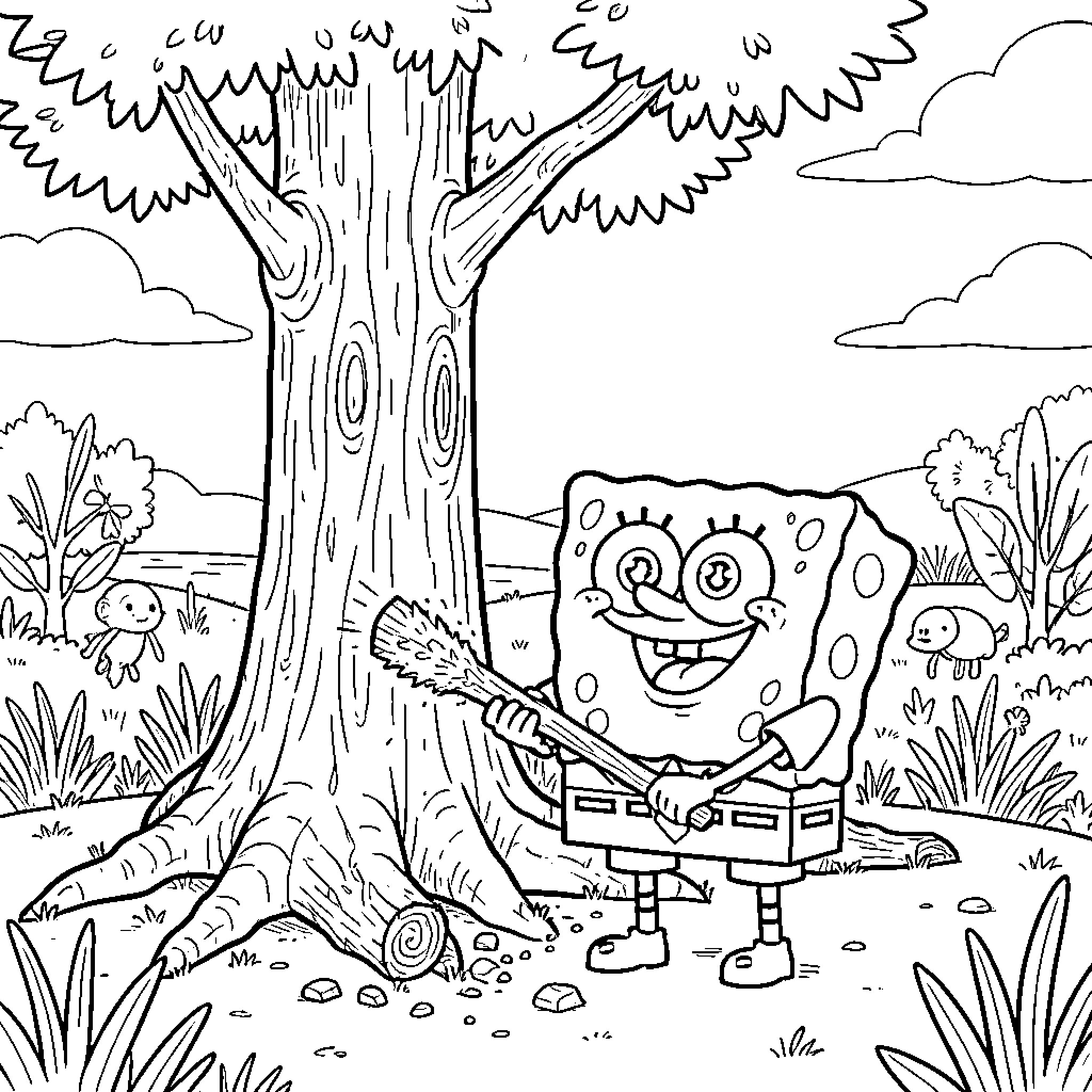 Spongebob happily cleaning a large tree trunk Coloring Page (free black-and-white line drawing printable PDF for all, from beginners to advanced learners, including children, teens, adults, and seniors)