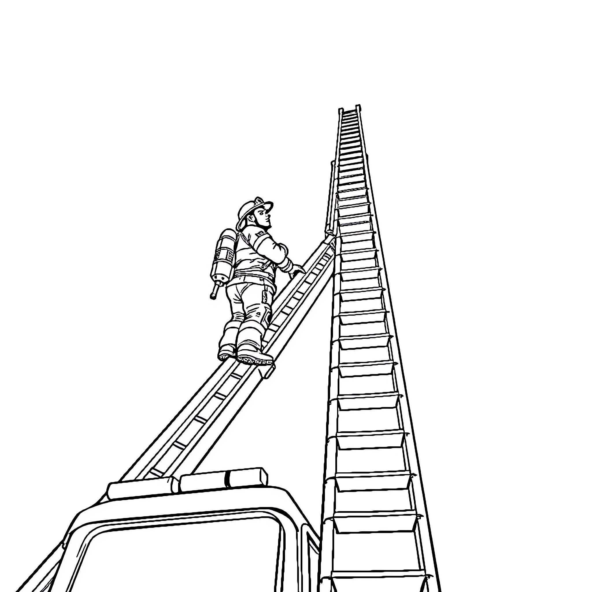 Firefighter rescuing someone from a high-rise Coloring Page (free black-and-white line drawing printable PDF for all, from beginners to advanced learners, including children, teens, adults, and seniors)