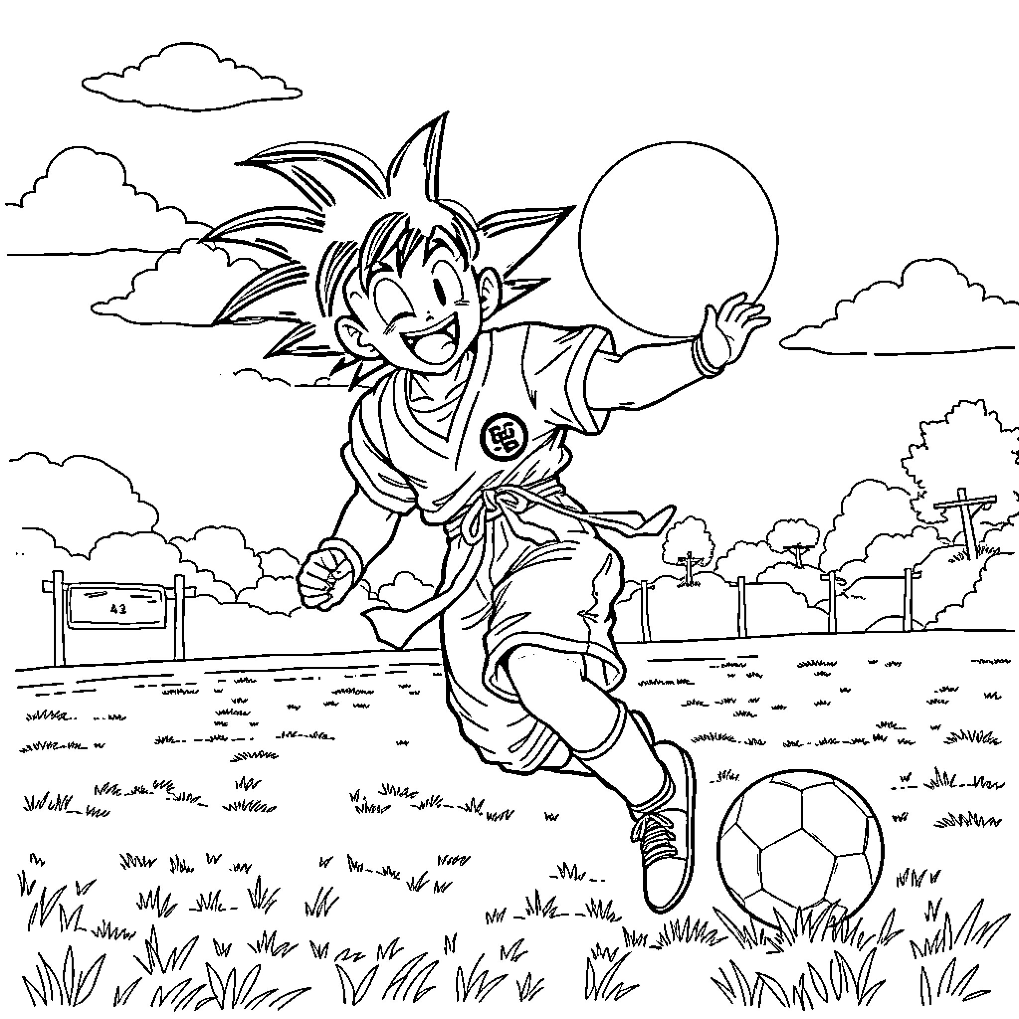 Son Goku playing happily with a soccer ball Coloring Page (free black-and-white line drawing printable PDF for all, from beginners to advanced learners, including children, teens, adults, and seniors)