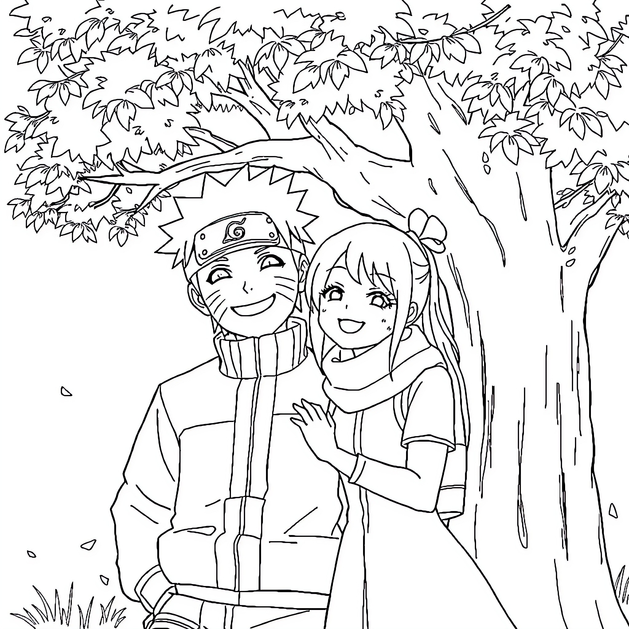 Naruto and Hinata in a Peaceful Autumn Scene Coloring Page (free black-and-white line drawing printable PDF for all, from beginners to advanced learners, including children, teens, adults, and seniors)