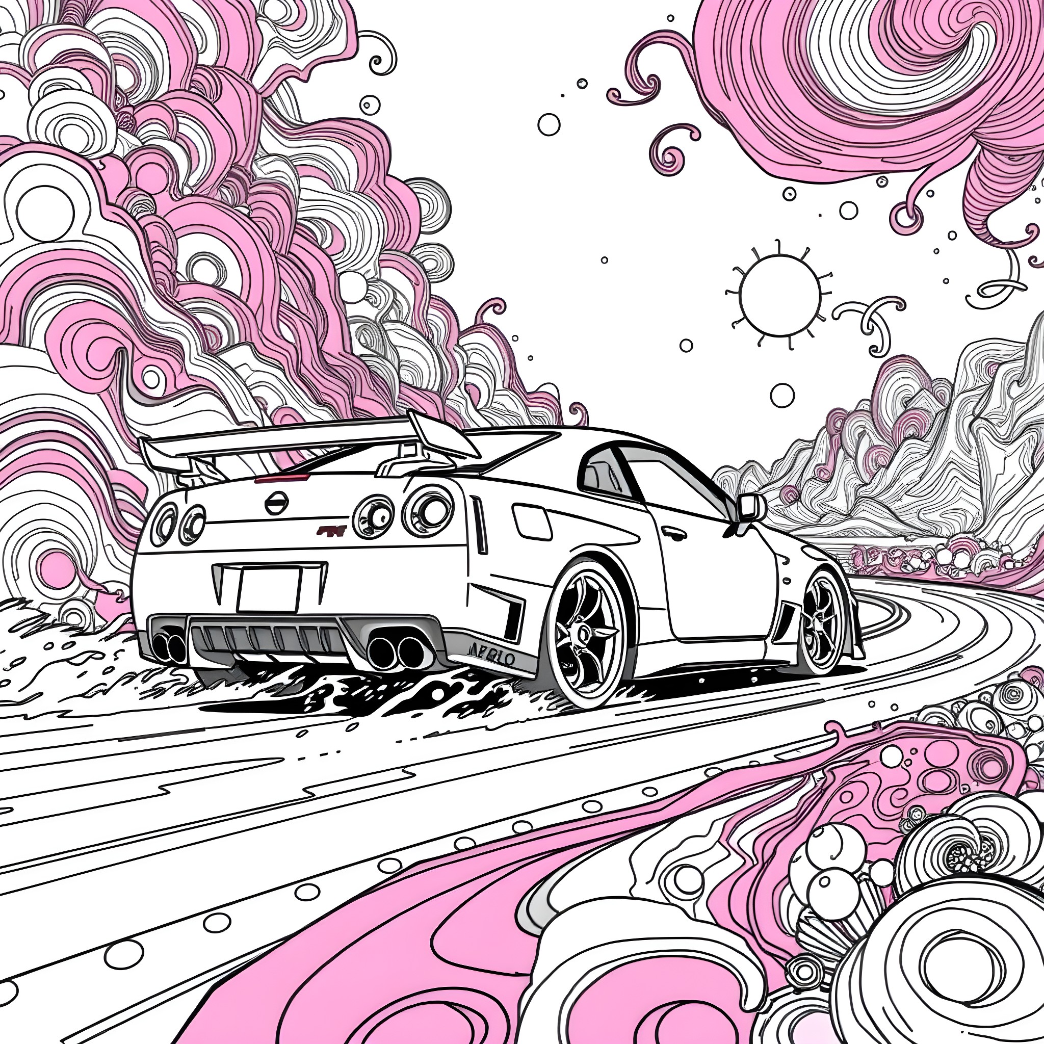 Nissan Skyline speeding through a surreal landscape Coloring Page (free black-and-white line drawing printable PDF for all, from beginners to advanced learners, including children, teens, adults, and seniors)