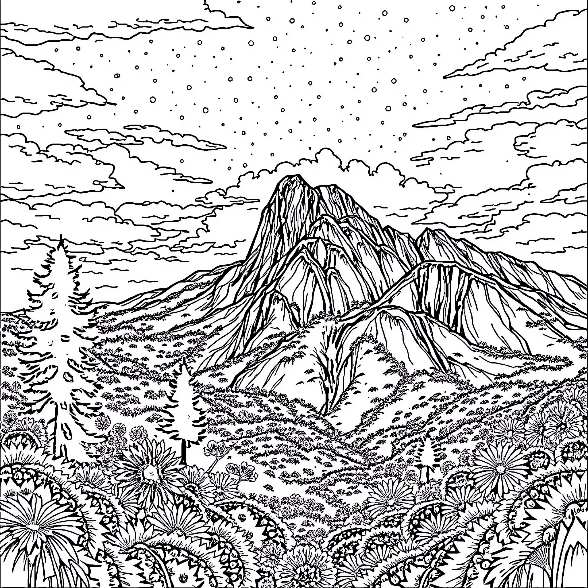 Scenery of a snowy mountain landscape with clouds Coloring Page (free black-and-white line drawing printable PDF for all, from beginners to advanced learners, including children, teens, adults, and seniors)