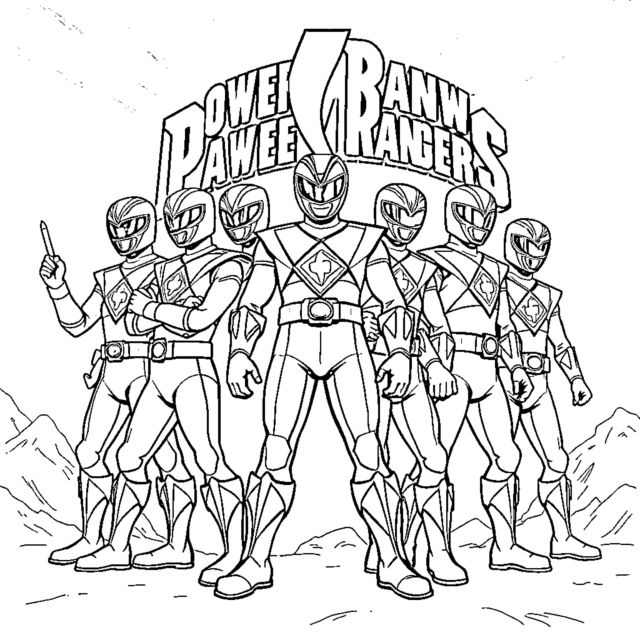 Power Ranger heroes assemble for action Coloring Page (free black-and-white line drawing printable PDF for all, from beginners to advanced learners, including children, teens, adults, and seniors)