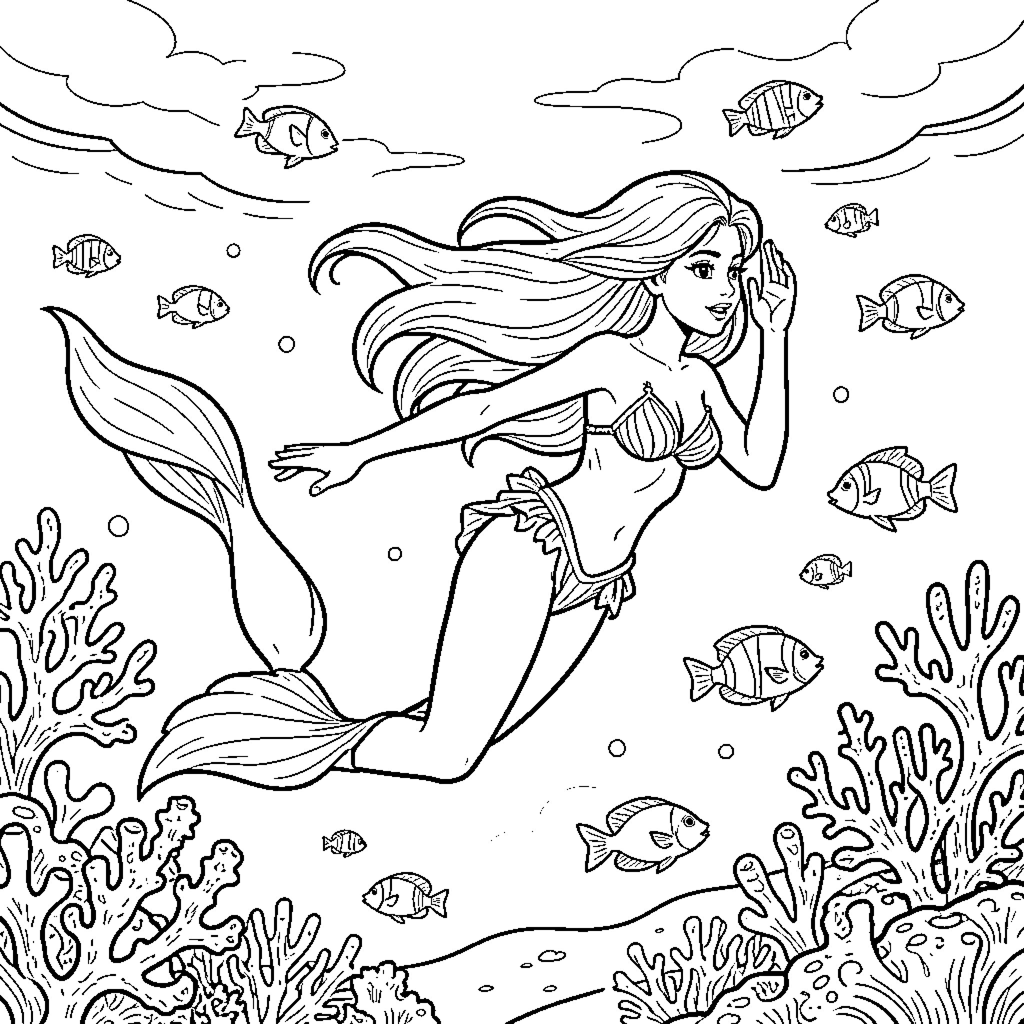 Ariel swimming gracefully among fish and coral reefs Coloring Page (free black-and-white line drawing printable PDF for all, from beginners to advanced learners, including children, teens, adults, and seniors)