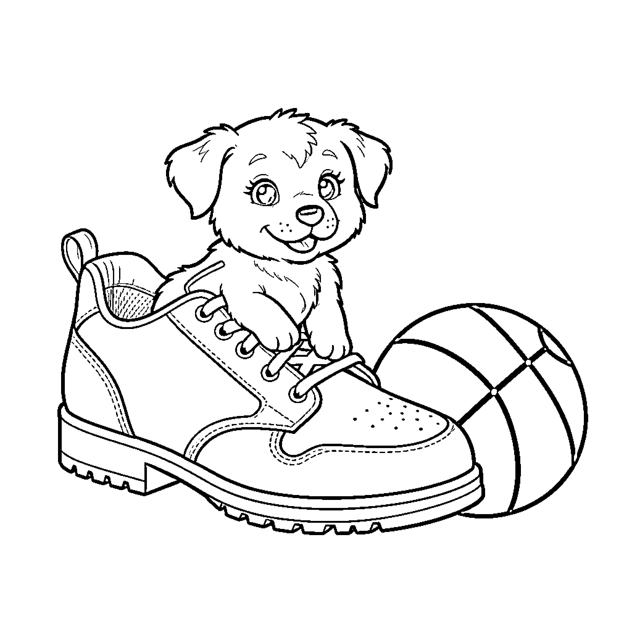 Dog sitting inside a shoe with a basketball Coloring Page (free black-and-white line drawing printable PDF for all, from beginners to advanced learners, including children, teens, adults, and seniors)