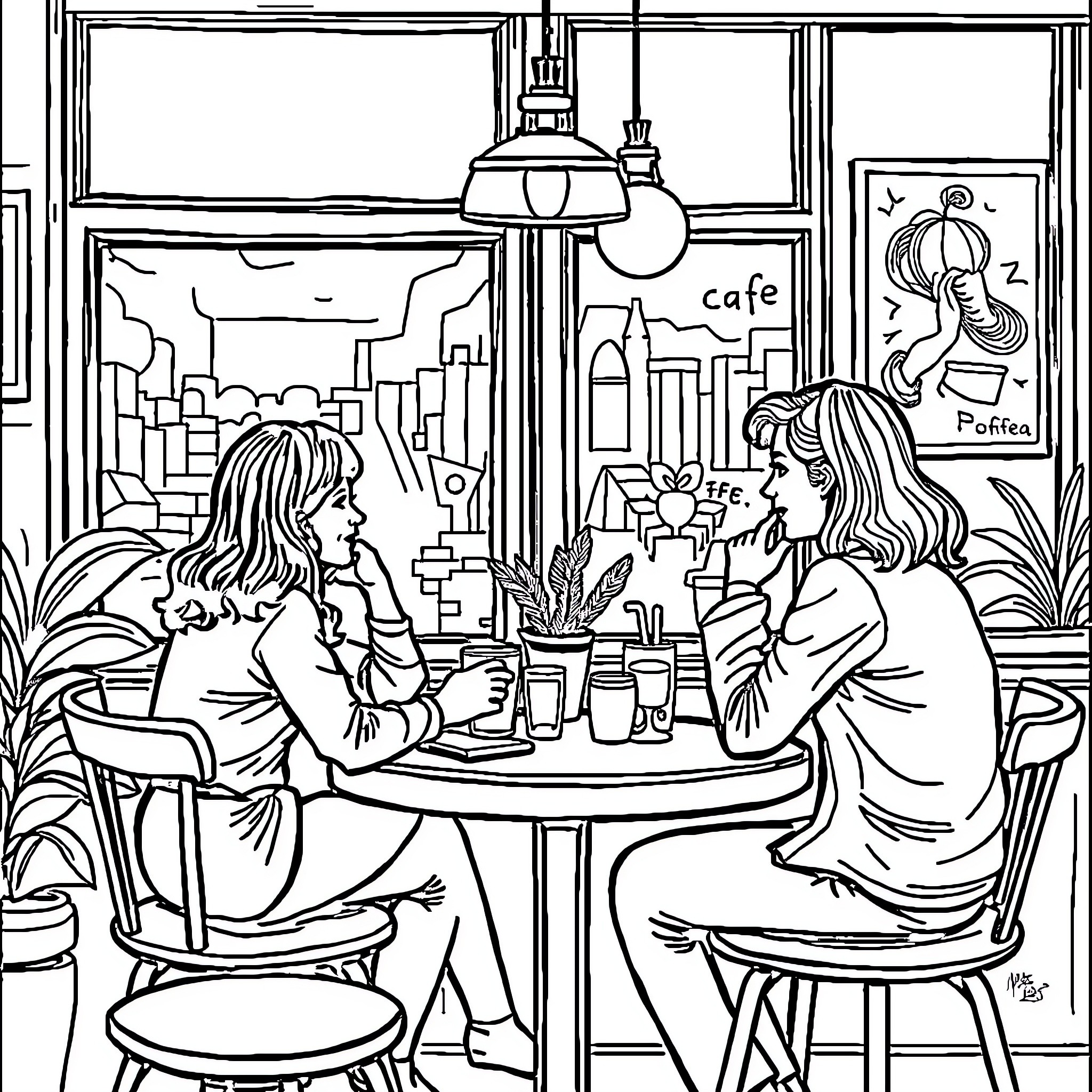 Chat over Coffee in the City Cafe Coloring Page (free black-and-white line drawing printable PDF for all, from beginners to advanced learners, including children, teens, adults, and seniors)
