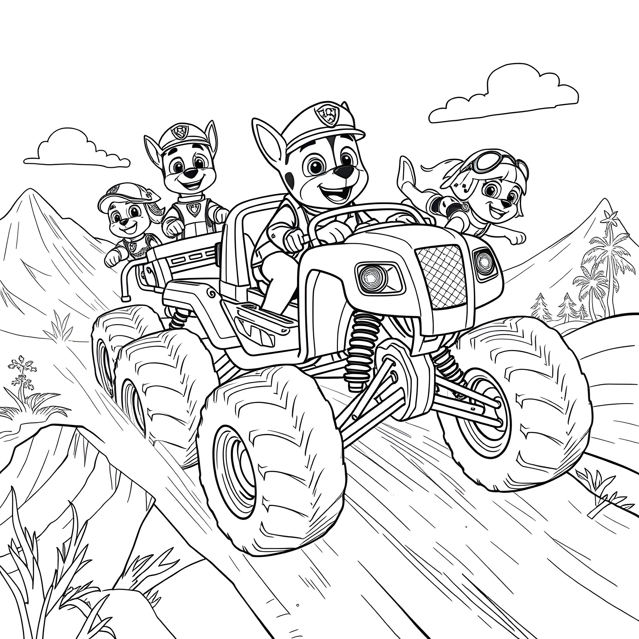 Monster Jam Vehicle Adventure with Paw Patrol Pups Coloring Page (free black-and-white line drawing printable PDF for all, from beginners to advanced learners, including children, teens, adults, and seniors)