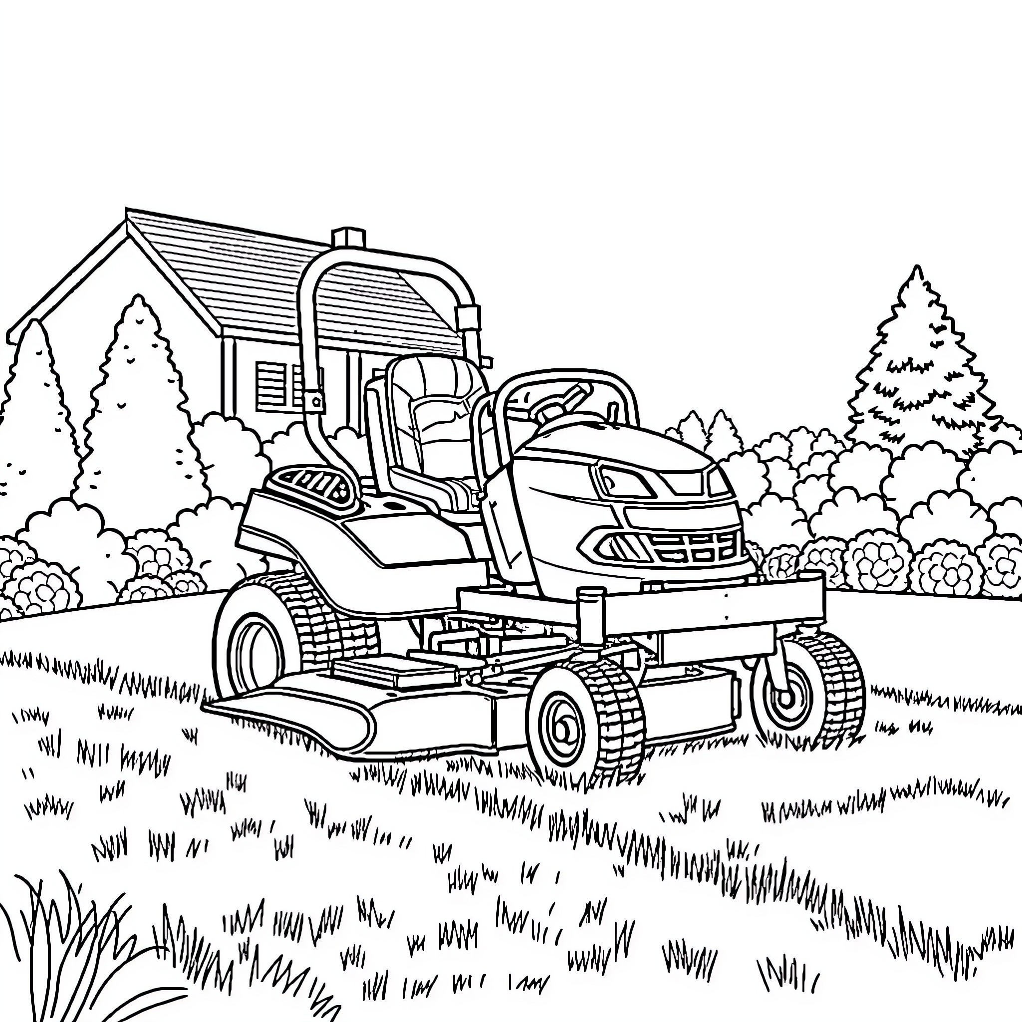 Lawnmower mowing grass in a landscaped yard Coloring Page (free black-and-white line drawing printable PDF for all, from beginners to advanced learners, including children, teens, adults, and seniors)
