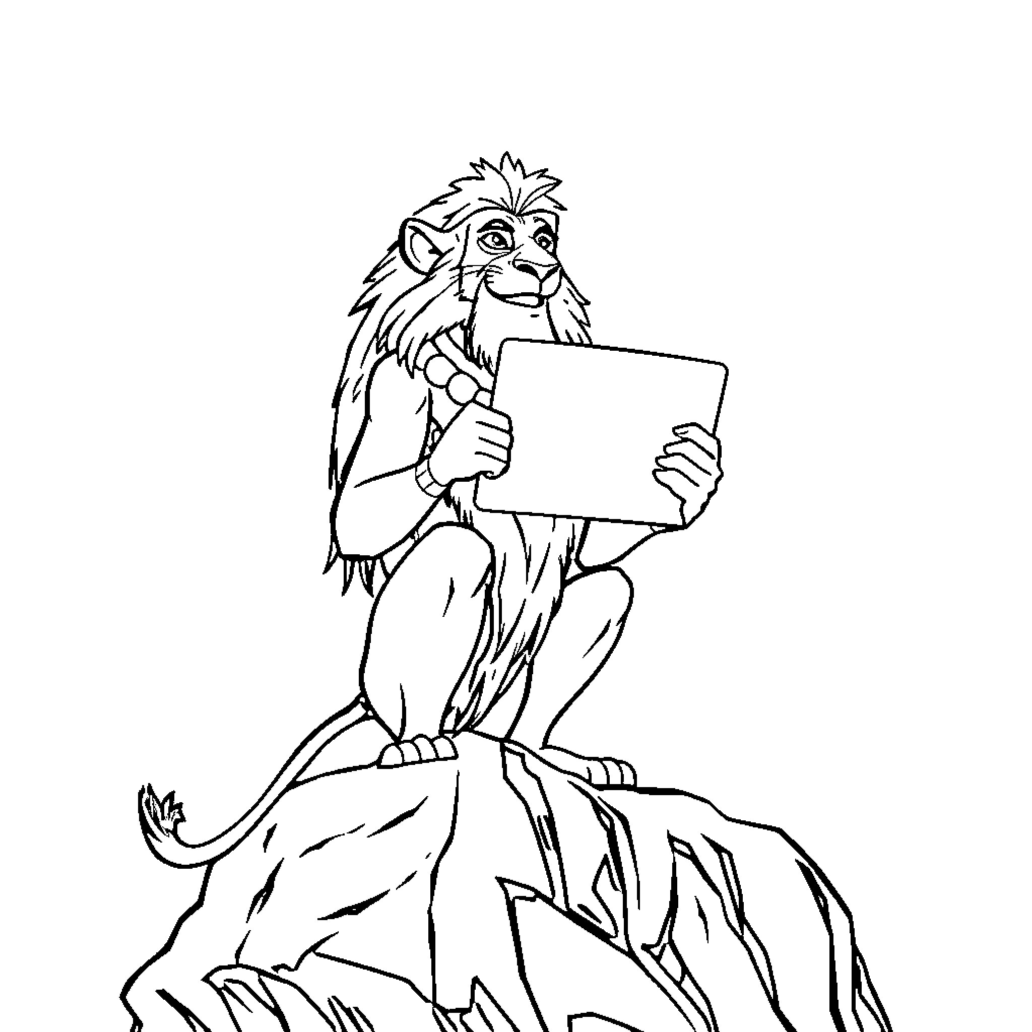 Rafiki holding a tablet in the wilderness Coloring Page (free black-and-white line drawing printable PDF for all, from beginners to advanced learners, including children, teens, adults, and seniors)