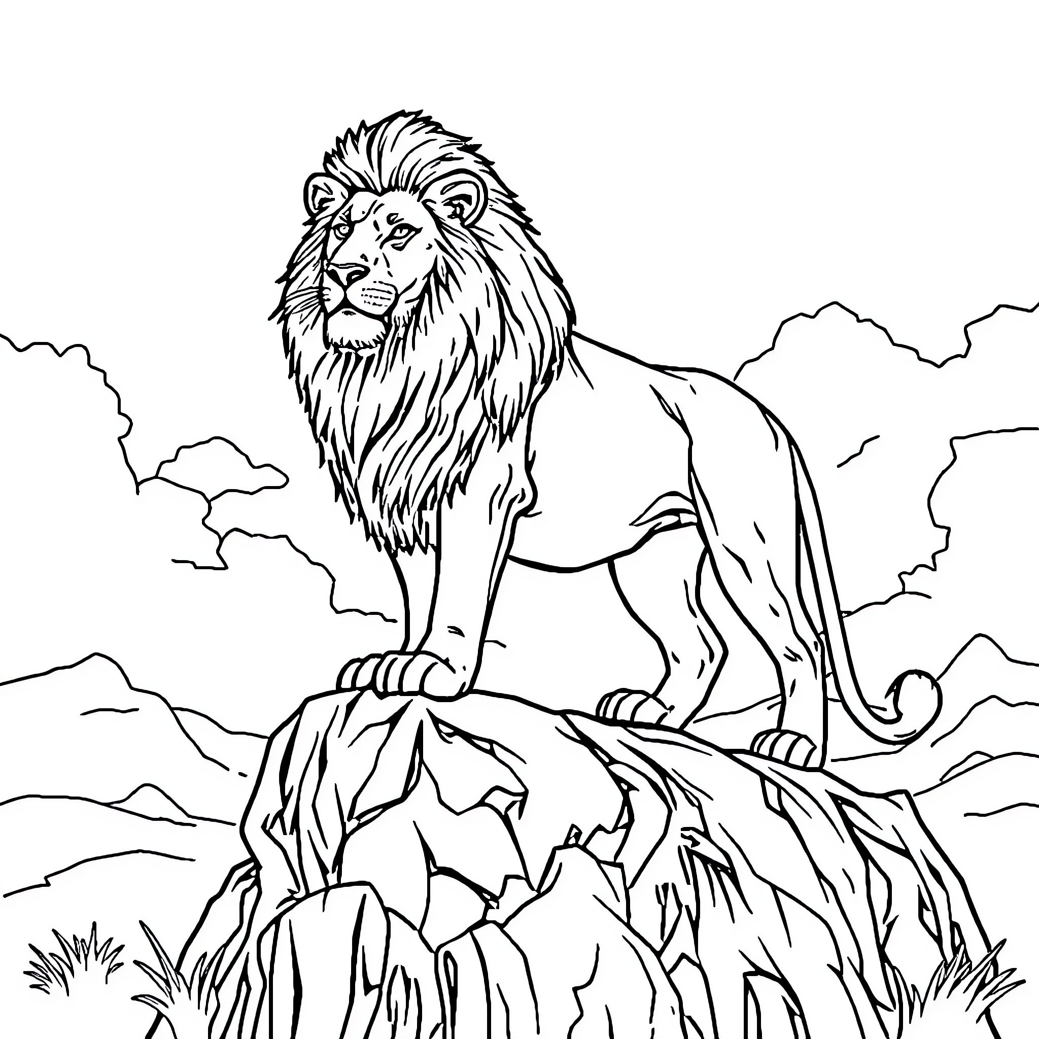Lion stands majestically on rocky outcrop Coloring Page (free black-and-white line drawing printable PDF for all, from beginners to advanced learners, including children, teens, adults, and seniors)