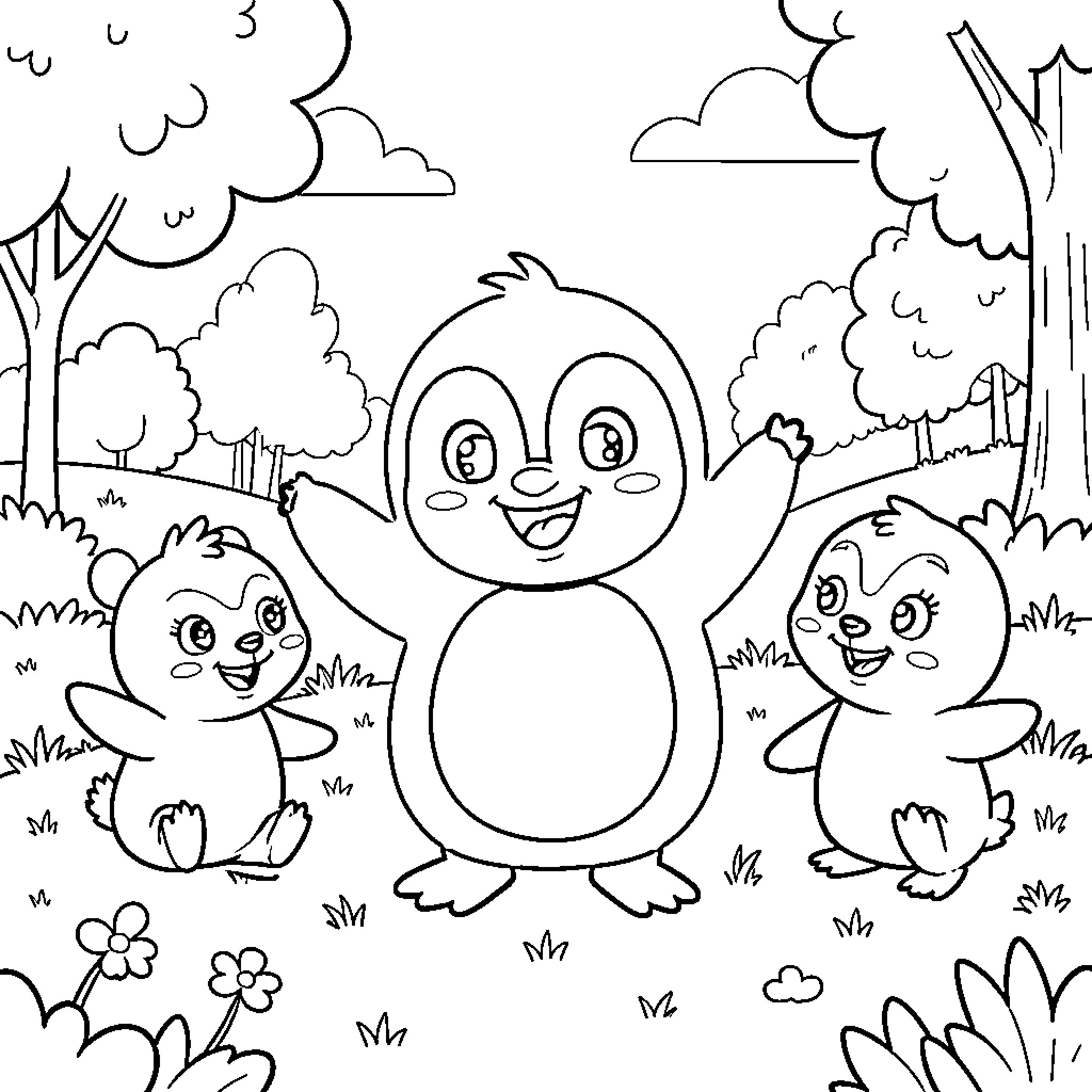 Tchoupi and friends celebrating happily in a meadow Coloring Page (free black-and-white line drawing printable PDF for all, from beginners to advanced learners, including children, teens, adults, and seniors)