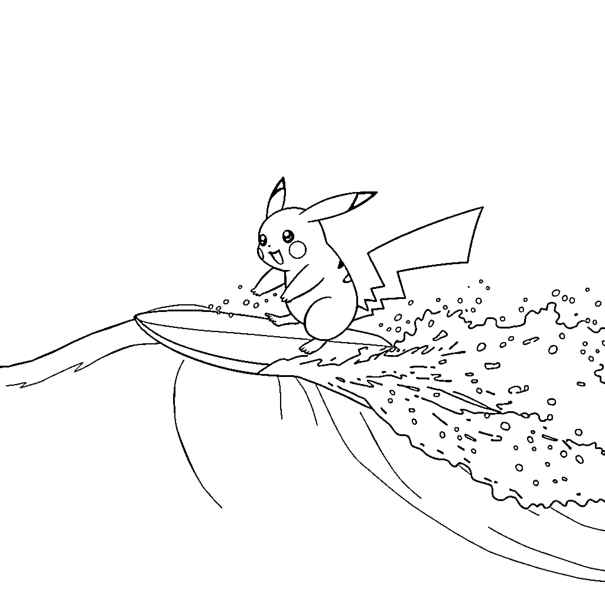 Pikachu riding a surfboard with splashing waves Coloring Page (free black-and-white line drawing printable PDF for all, from beginners to advanced learners, including children, teens, adults, and seniors)
