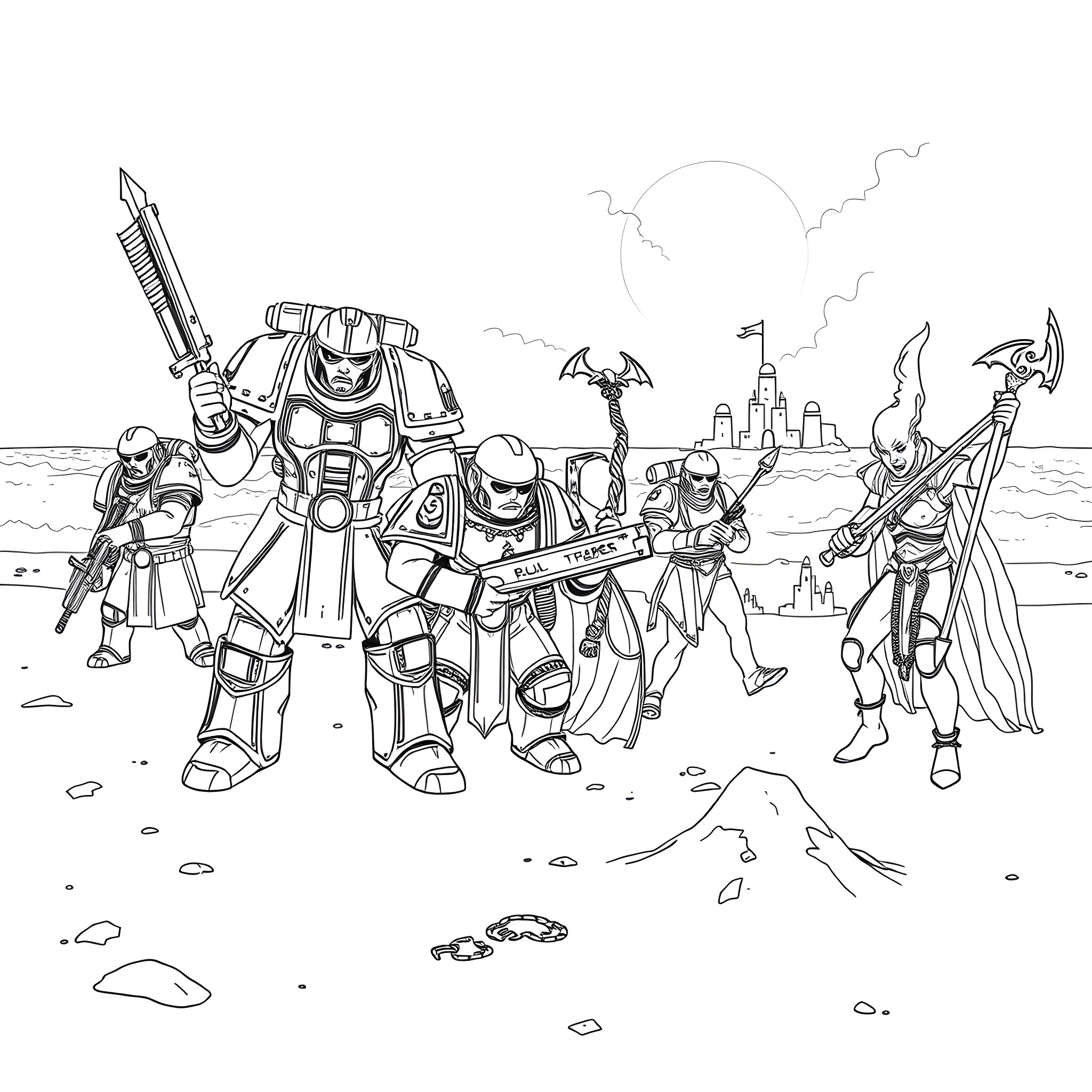 Warhammer 40k Character Group Pose in Battlefield Coloring Page (free black-and-white line drawing printable PDF for all, from beginners to advanced learners, including children, teens, adults, and seniors)