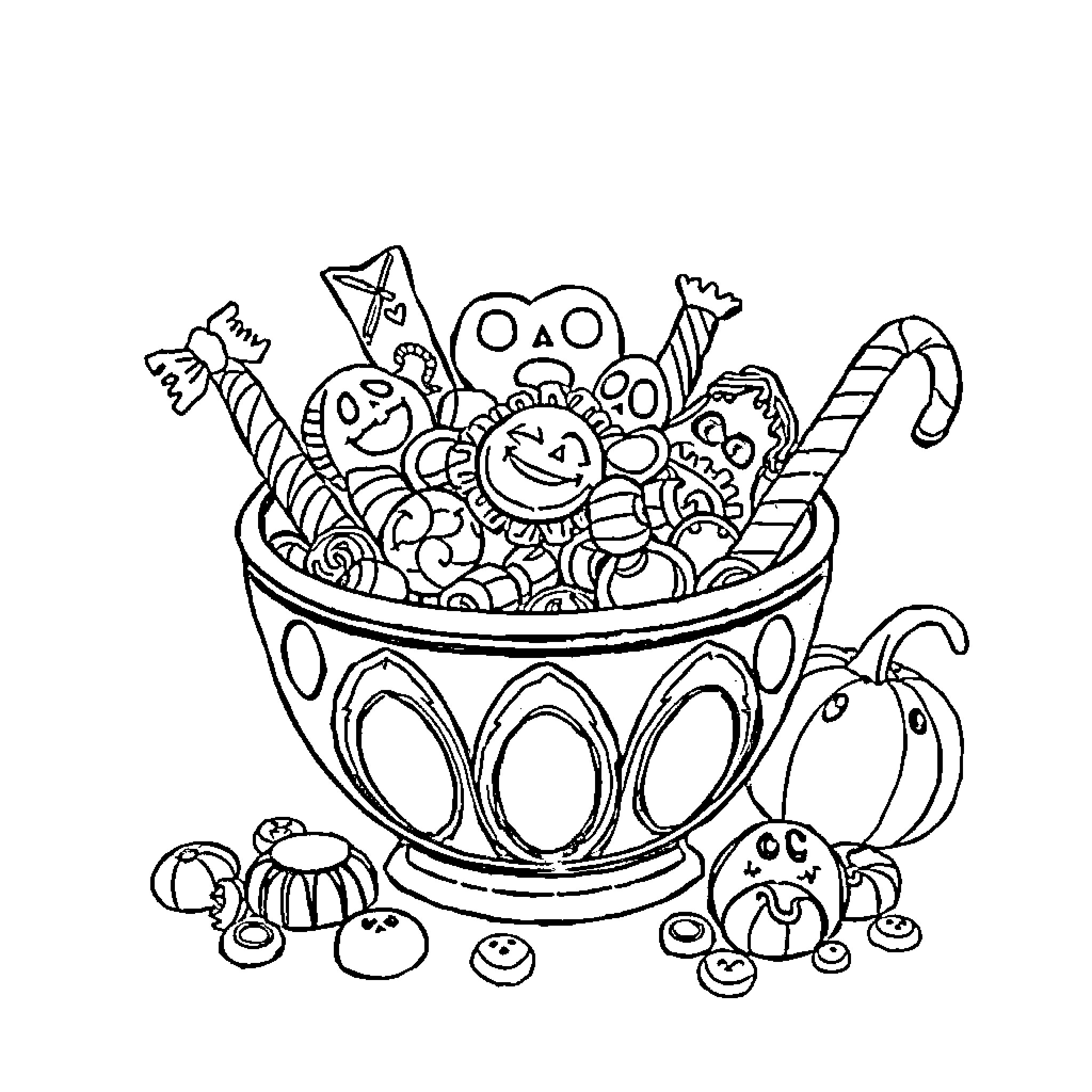 Halloween candy bowl filled with spooky treats Coloring Page (free black-and-white line drawing printable PDF for all, from beginners to advanced learners, including children, teens, adults, and seniors)