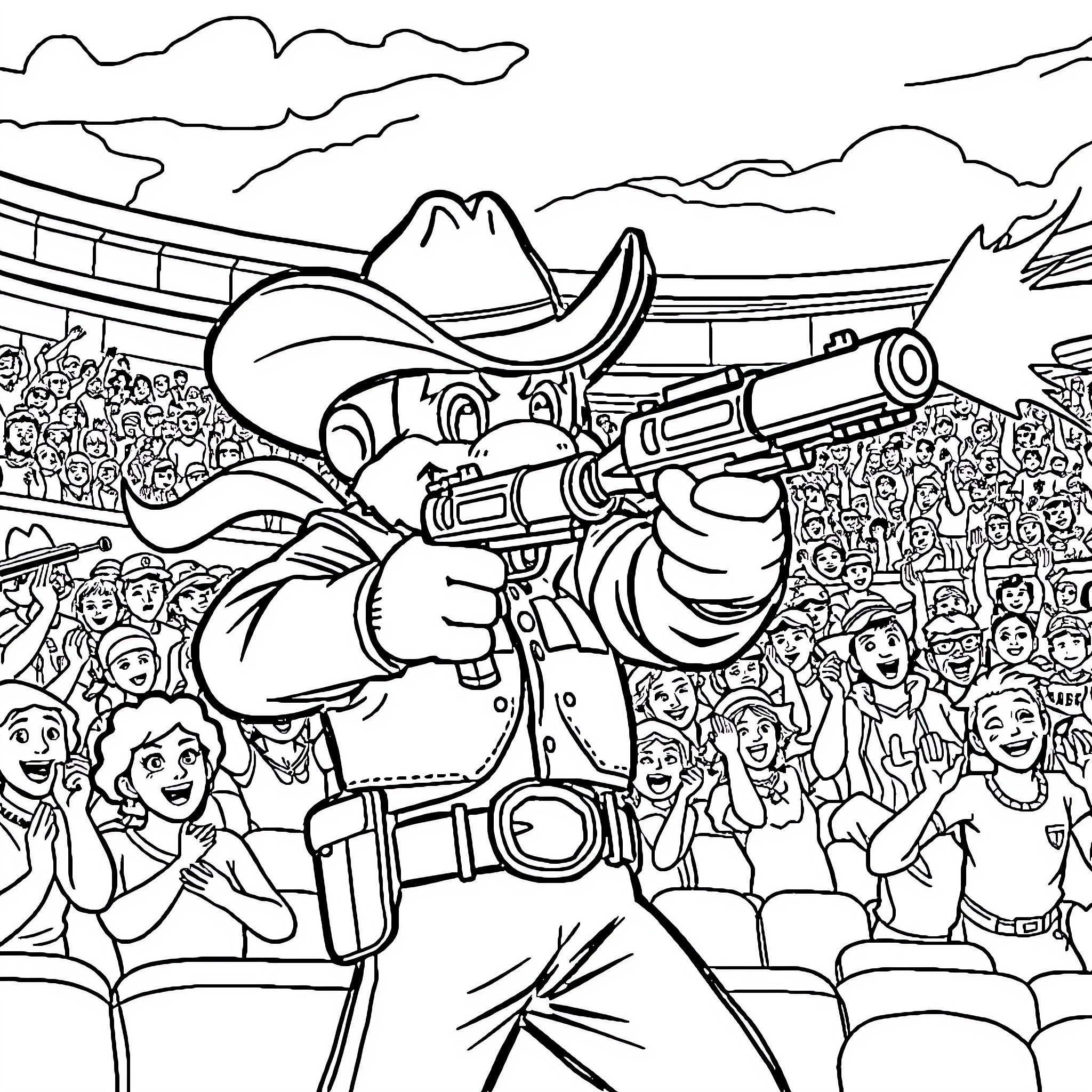 Pistol-wielding cowboy in a crowd scene Coloring Page (free black-and-white line drawing printable PDF for all, from beginners to advanced learners, including children, teens, adults, and seniors)