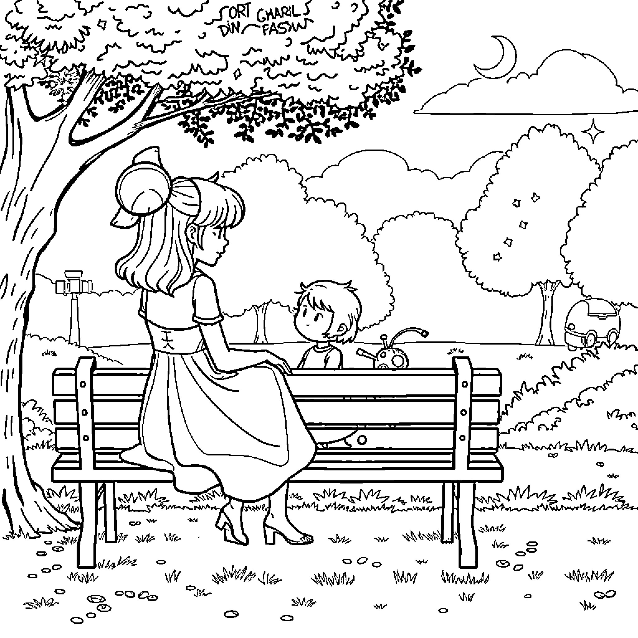 Sitama: Mother and Child in Peaceful Park Coloring Page (free black-and-white line drawing printable PDF for all, from beginners to advanced learners, including children, teens, adults, and seniors)