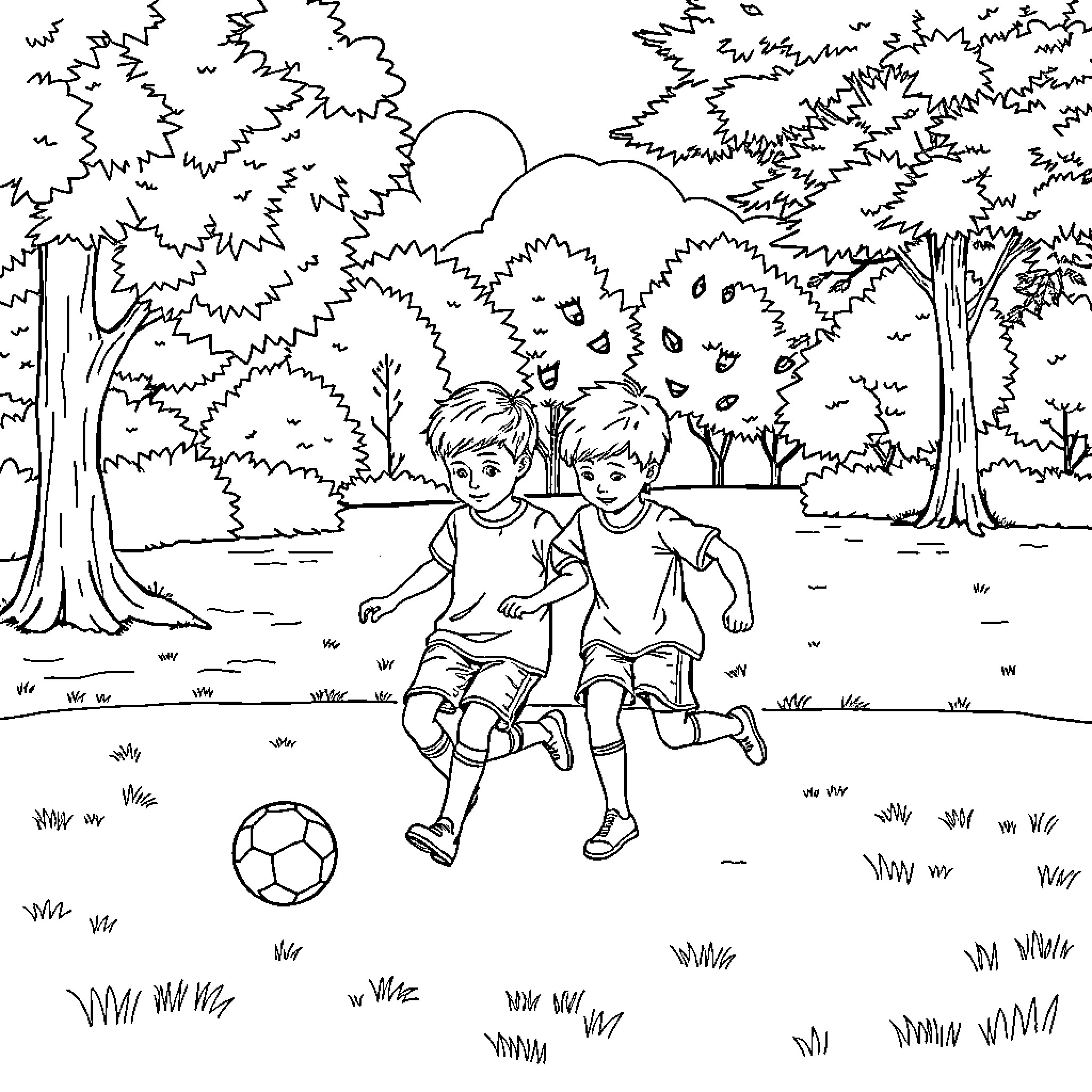 Soccer players enjoying game in the park Coloring Page (free black-and-white line drawing printable PDF for all, from beginners to advanced learners, including children, teens, adults, and seniors)