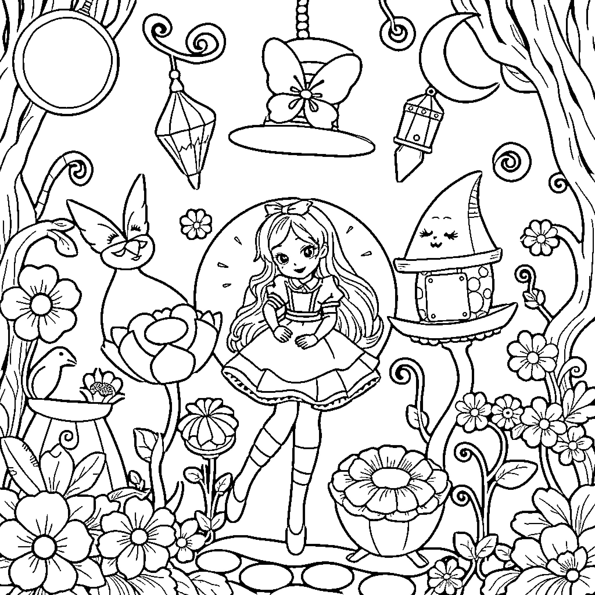 Alice in Wonderland - Whimsical Adventures in Enchanted Lands Coloring Page (free black-and-white line drawing printable PDF for all, from beginners to advanced learners, including children, teens, adults, and seniors)