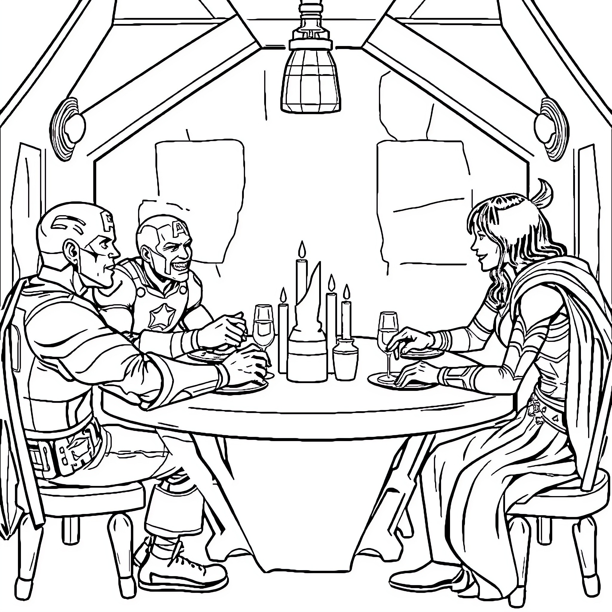 Avengers Assemble for a Covert Meeting Coloring Page (free black-and-white line drawing printable PDF for all, from beginners to advanced learners, including children, teens, adults, and seniors)