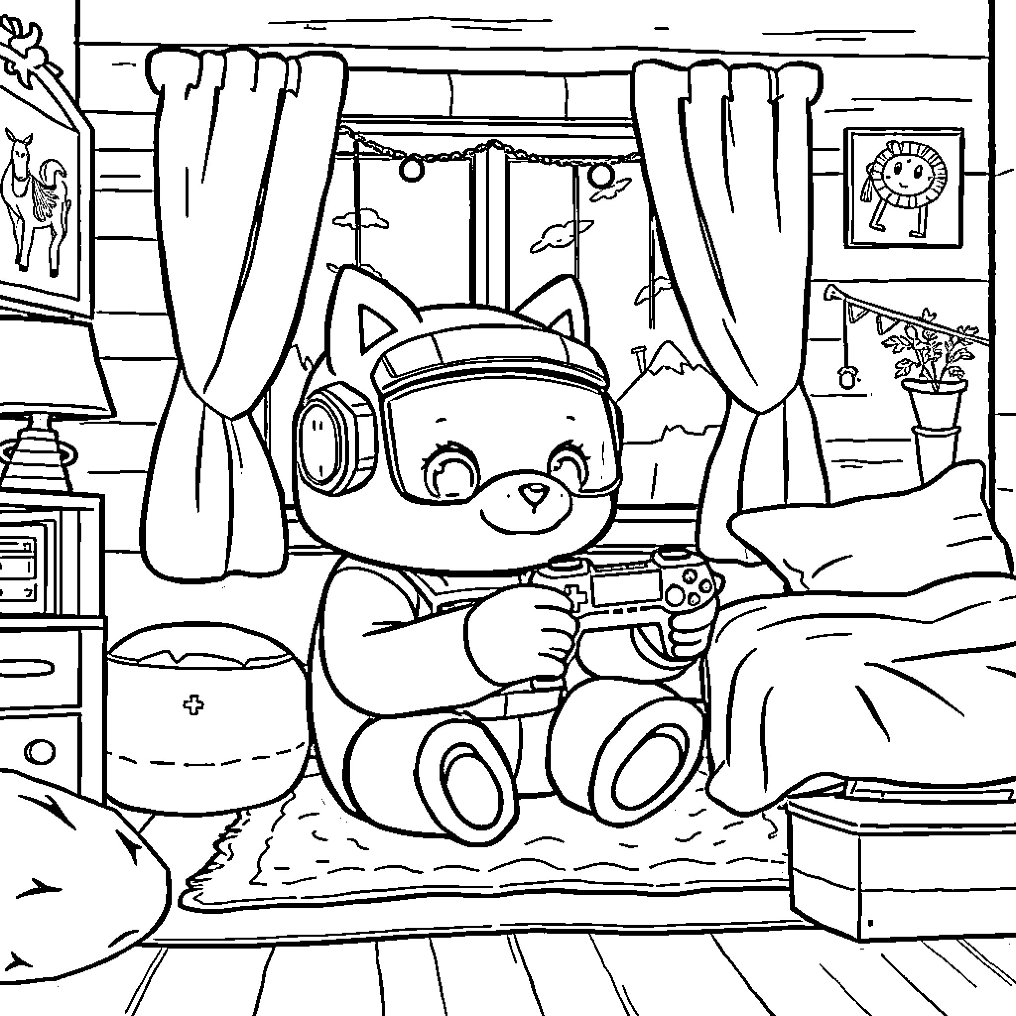 Cubone gaming in the bedroom Coloring Page (free black-and-white line drawing printable PDF for all, from beginners to advanced learners, including children, teens, adults, and seniors)