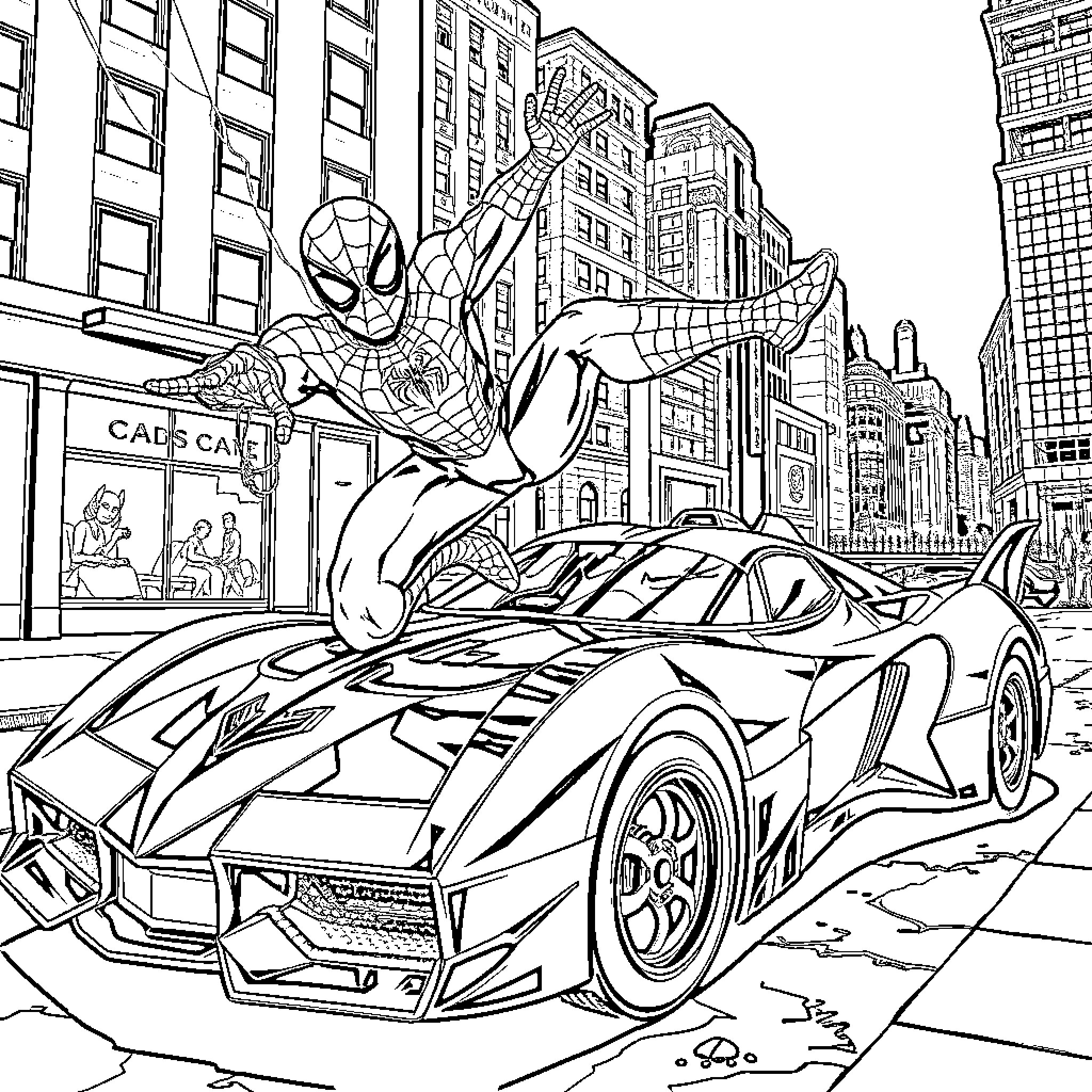 Spiderman swinging through the city in his sports car Coloring Page (free black-and-white line drawing printable PDF for all, from beginners to advanced learners, including children, teens, adults, and seniors)