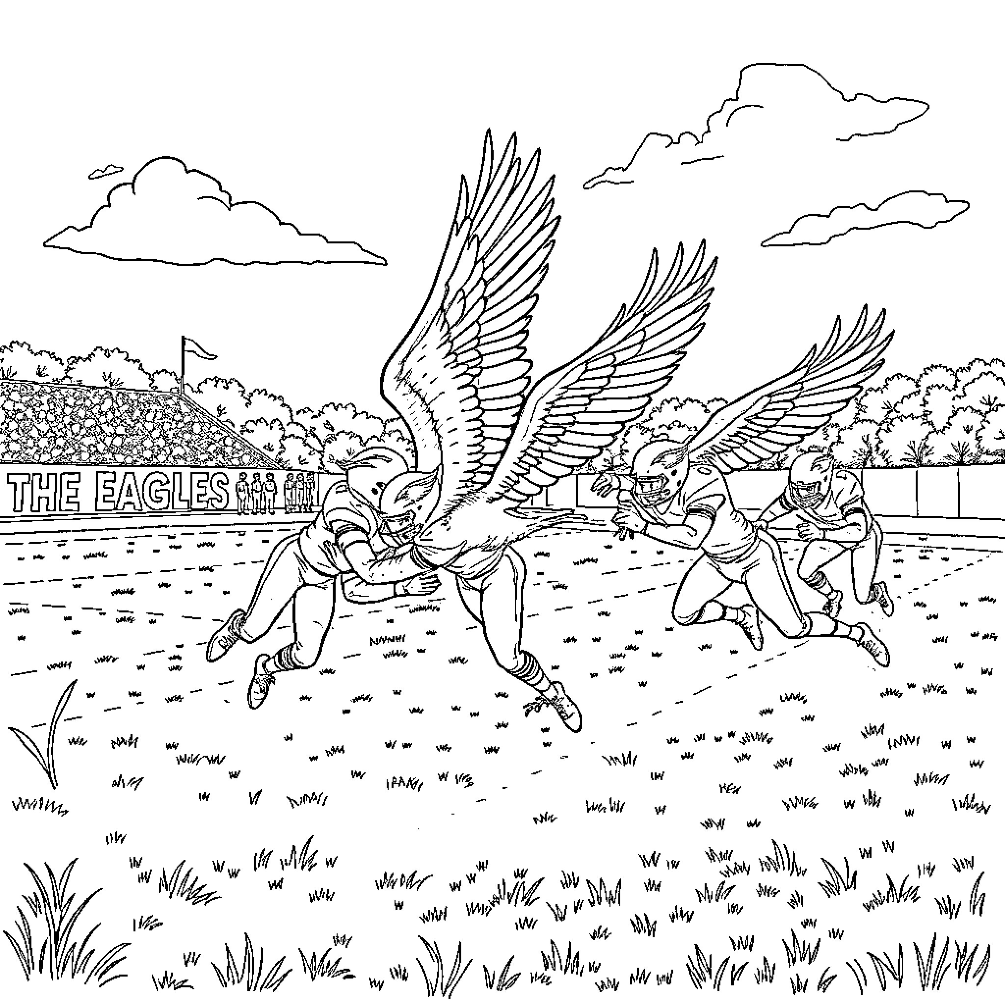 Eagles soaring and swooping in a field Coloring Page (free black-and-white line drawing printable PDF for all, from beginners to advanced learners, including children, teens, adults, and seniors)