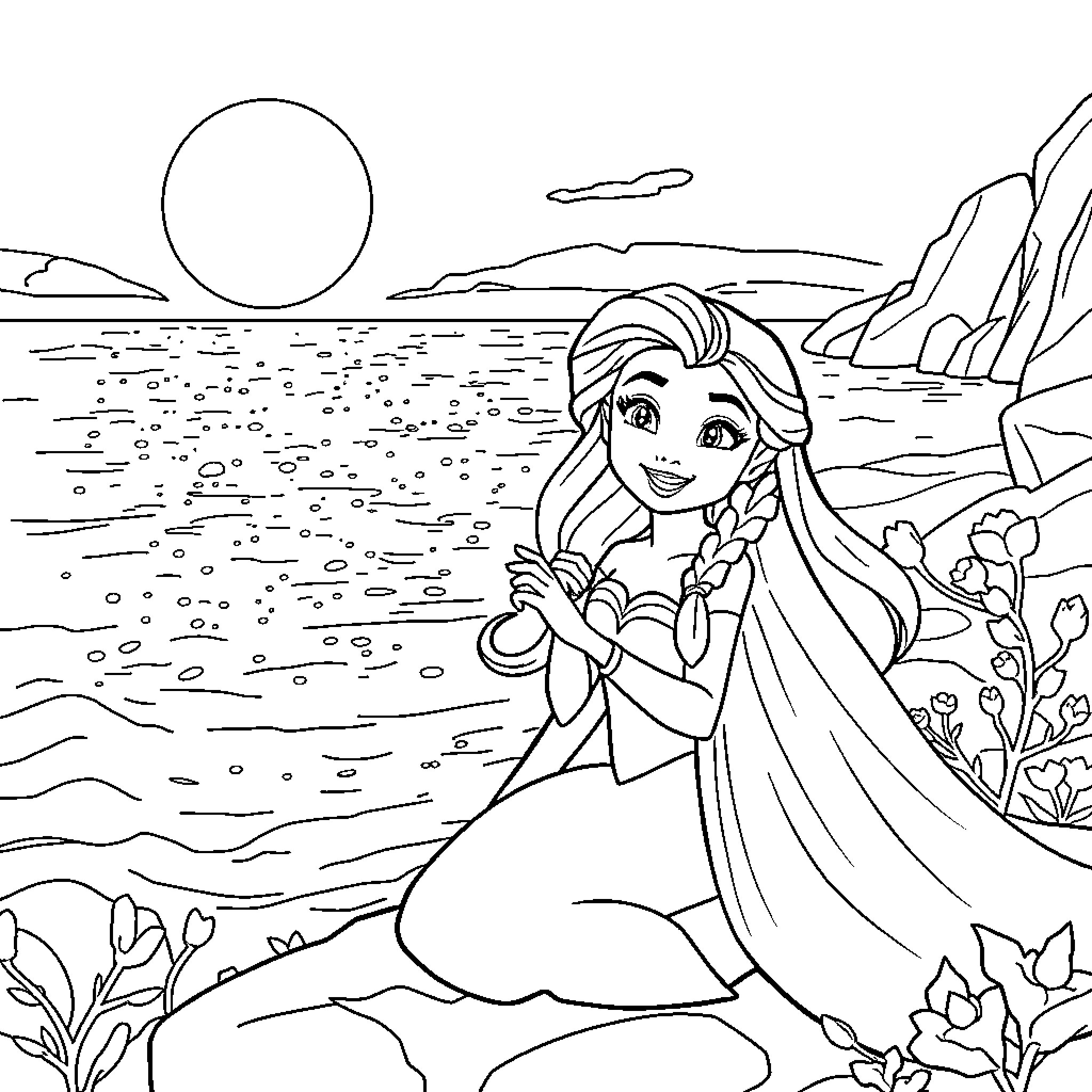Elsa enjoying the peaceful coastal landscape Coloring Page (free black-and-white line drawing printable PDF for all, from beginners to advanced learners, including children, teens, adults, and seniors)