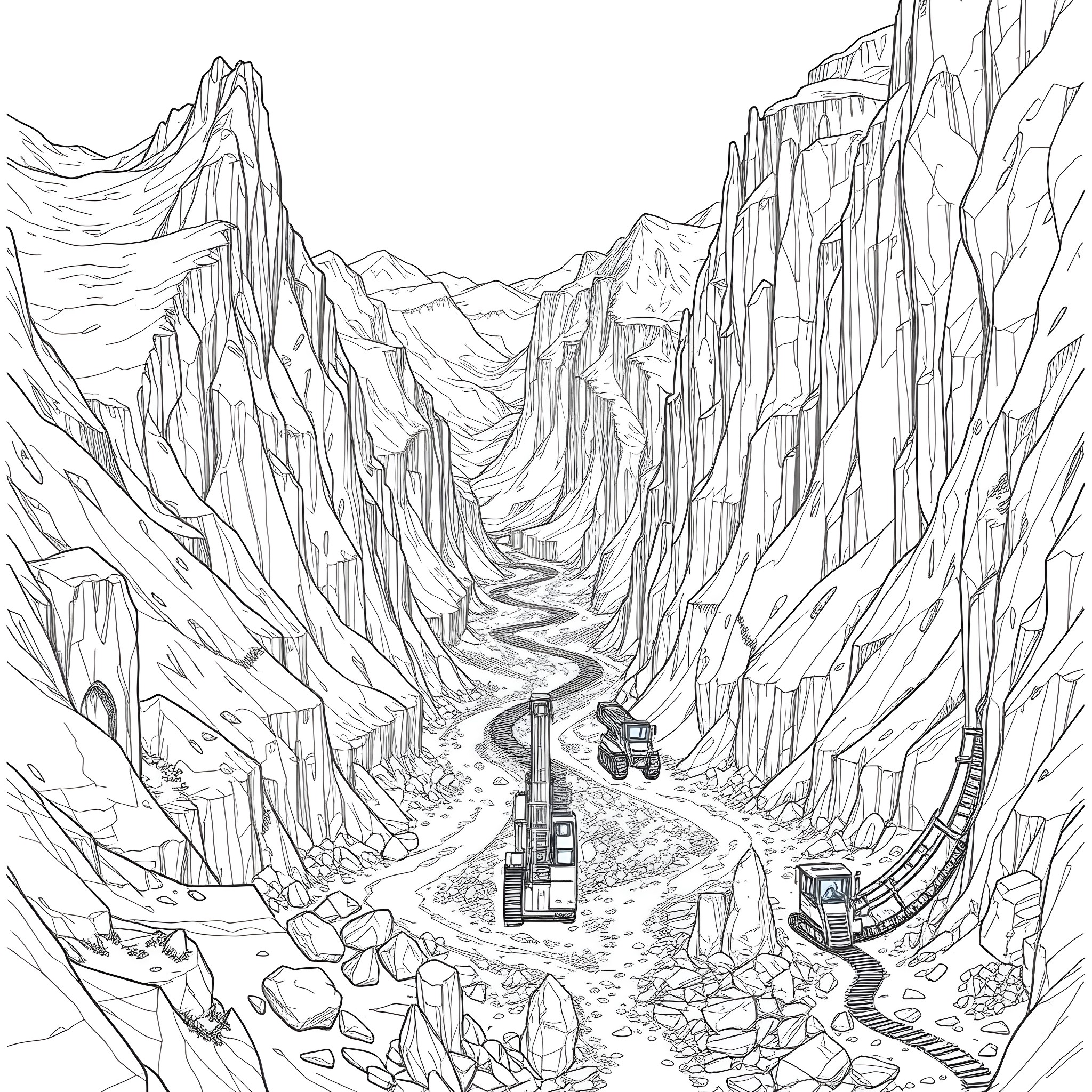 Quarry with Rugged Terrain and Winding Path Coloring Page (free black-and-white line drawing printable PDF for all, from beginners to advanced learners, including children, teens, adults, and seniors)