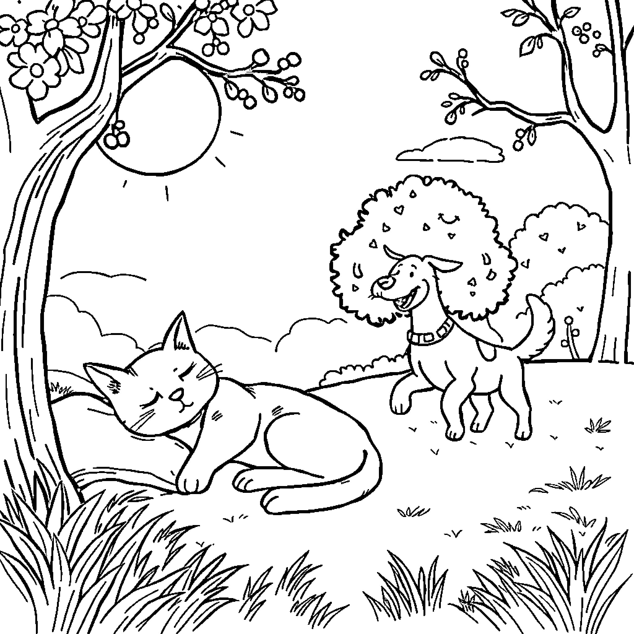 Cat and dog in a natural setting Coloring Page (free black-and-white line drawing printable PDF for all, from beginners to advanced learners, including children, teens, adults, and seniors)