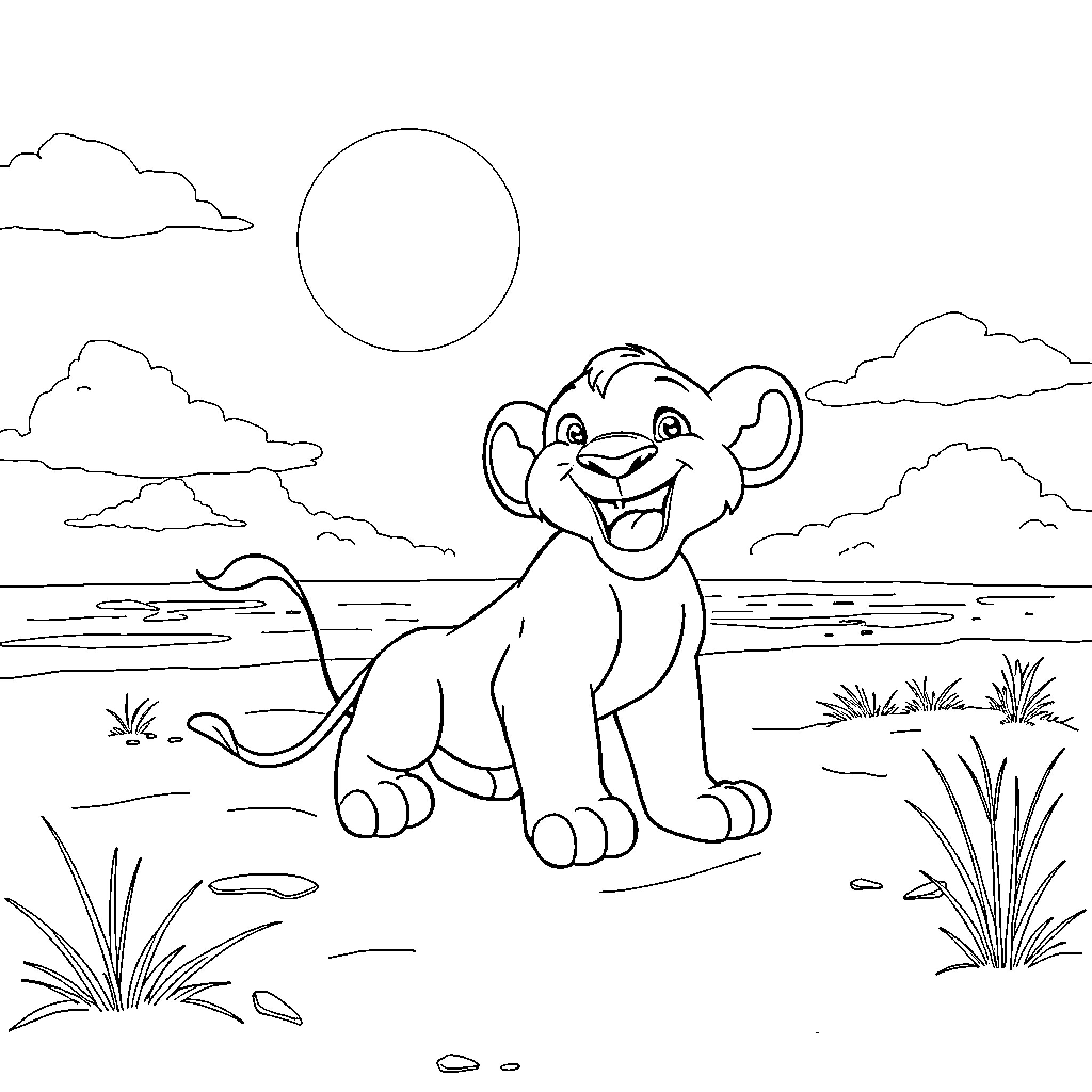 Simba enjoys the serene landscape Coloring Page (free black-and-white line drawing printable PDF for all, from beginners to advanced learners, including children, teens, adults, and seniors)