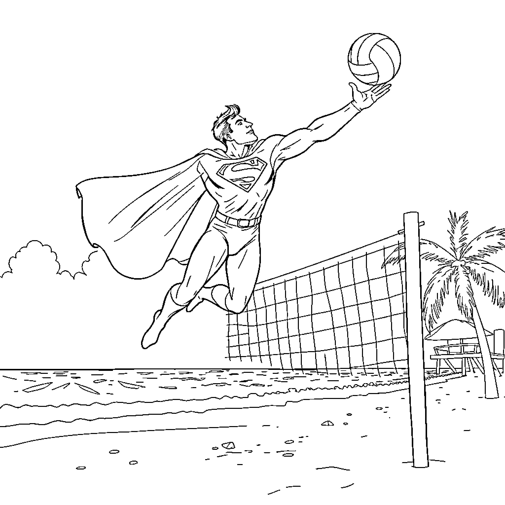 Superman playing volleyball on the beach Coloring Page (free black-and-white line drawing printable PDF for all, from beginners to advanced learners, including children, teens, adults, and seniors)