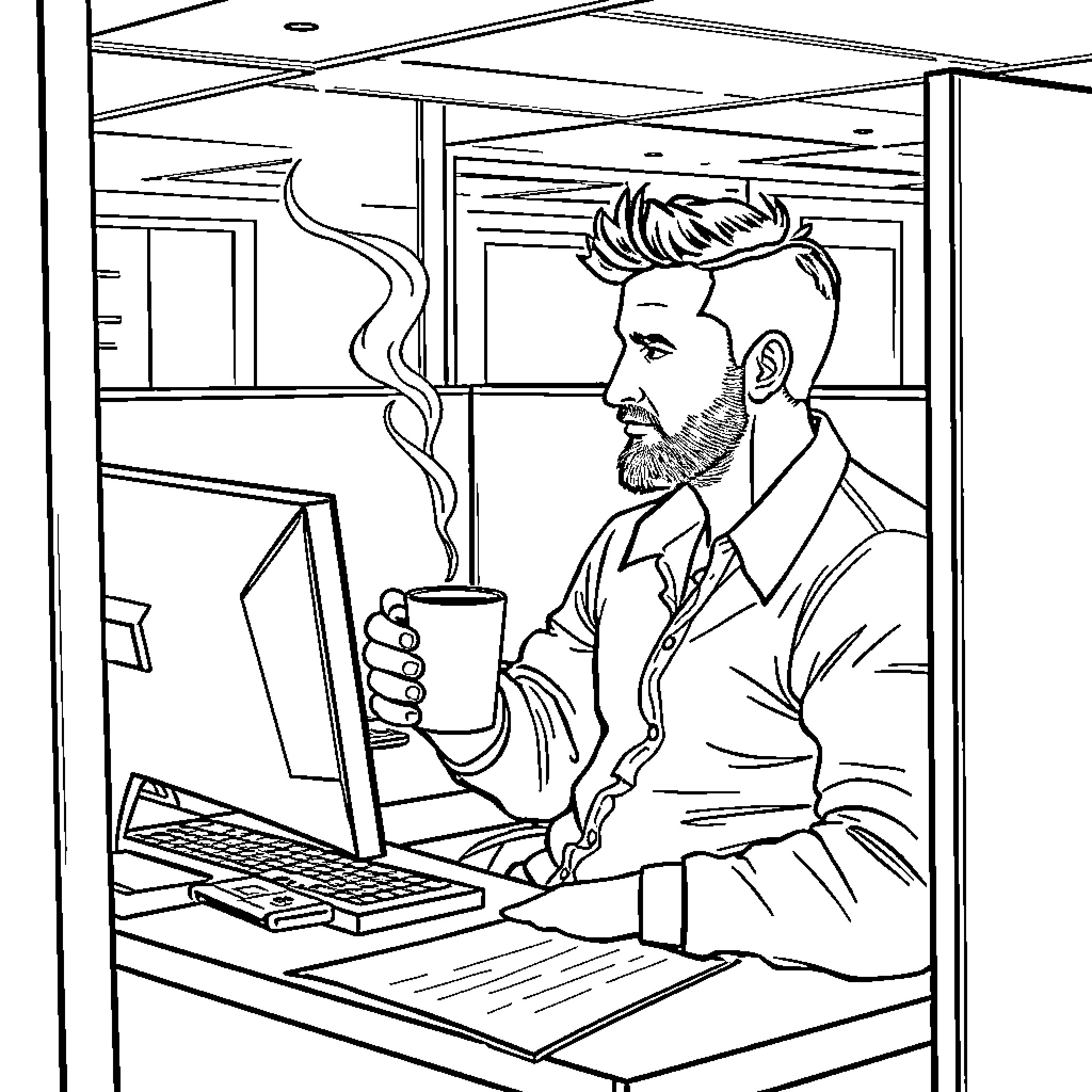 Man working intently at computer while drinking coffee Coloring Page (free black-and-white line drawing printable PDF for all, from beginners to advanced learners, including children, teens, adults, and seniors)