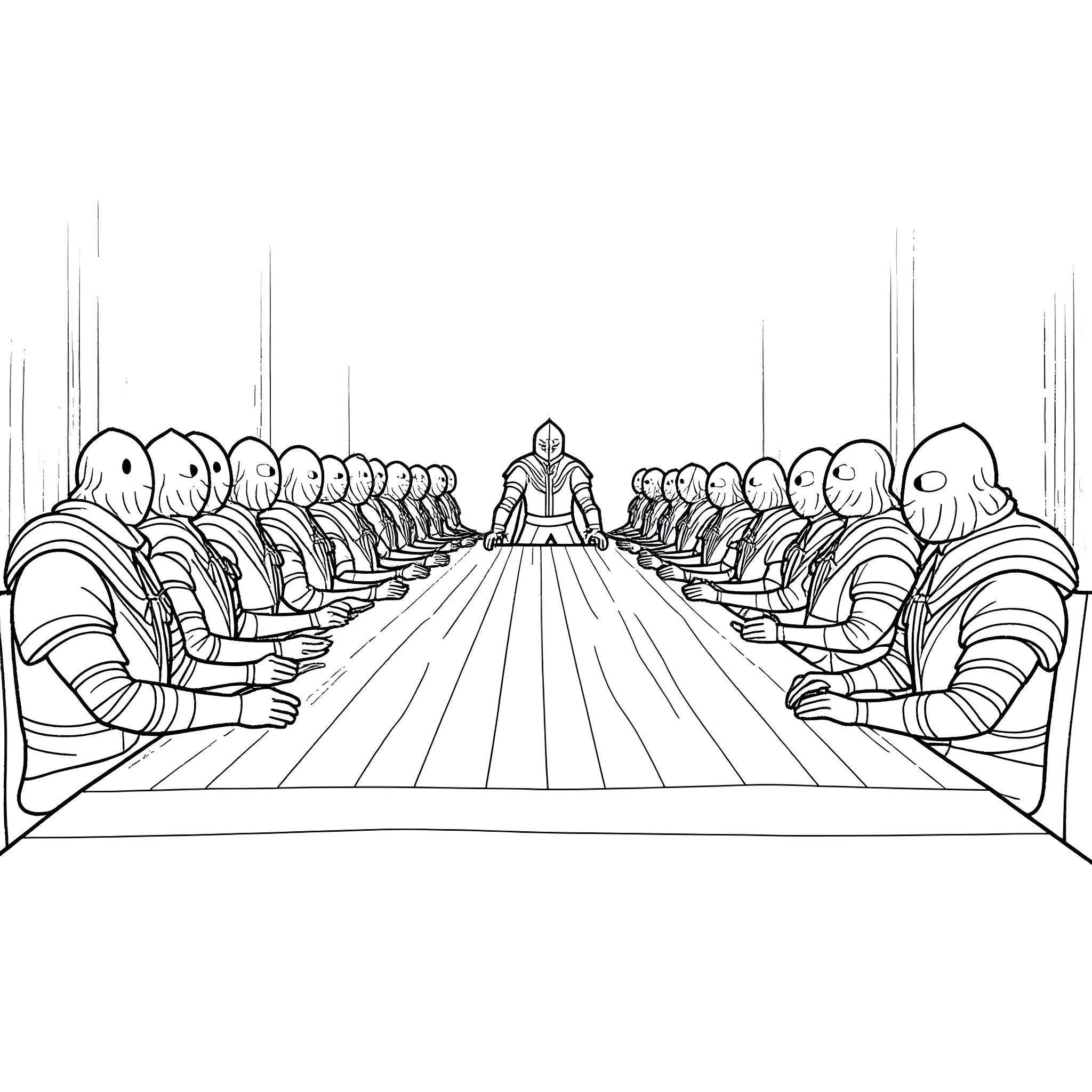 Templar Knight presiding over a solemn gathering Coloring Page (free black-and-white line drawing printable PDF for all, from beginners to advanced learners, including children, teens, adults, and seniors)