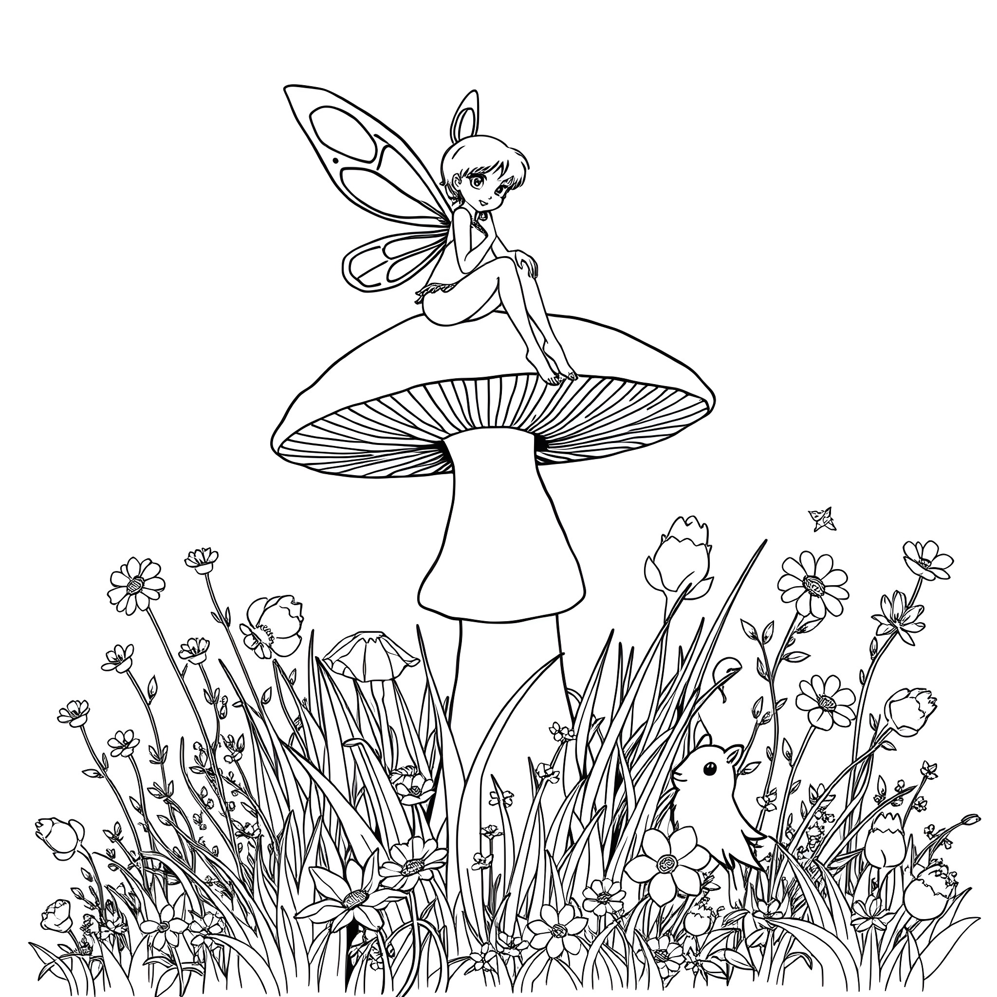 Fairy Sitting Atop a Mushroom Surrounded by Flowers Coloring Page (free black-and-white line drawing printable PDF for all, from beginners to advanced learners, including children, teens, adults, and seniors)
