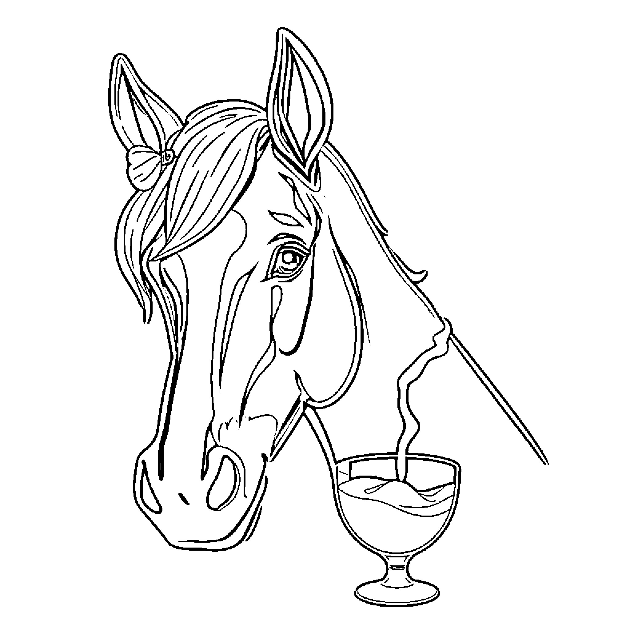 Voetbalbeker with a Friendly Horse and Wine Glass Coloring Page (free black-and-white line drawing printable PDF for all, from beginners to advanced learners, including children, teens, adults, and seniors)