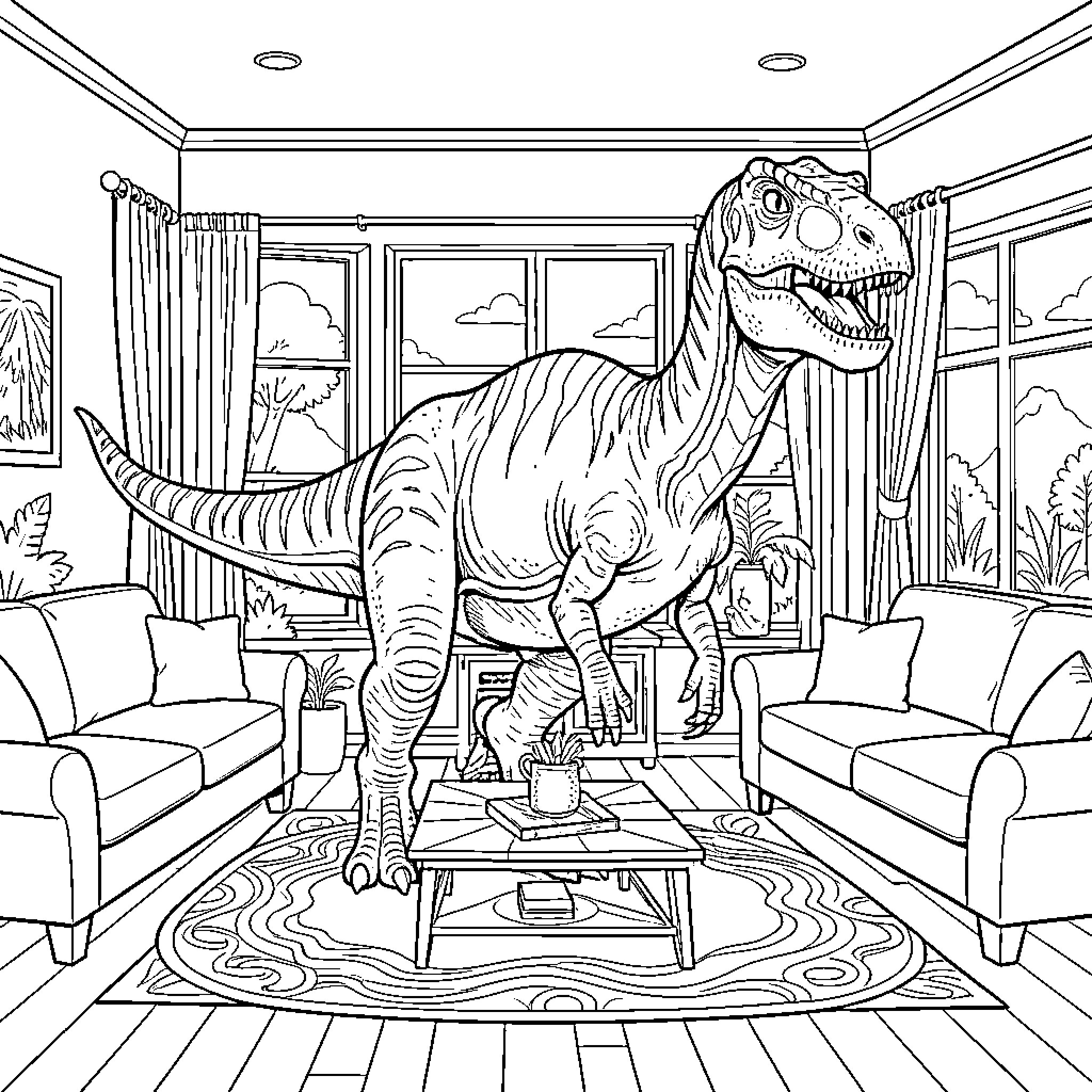 Dinosaur Exploring the Cozy Living Room Coloring Page (free black-and-white line drawing printable PDF for all, from beginners to advanced learners, including children, teens, adults, and seniors)