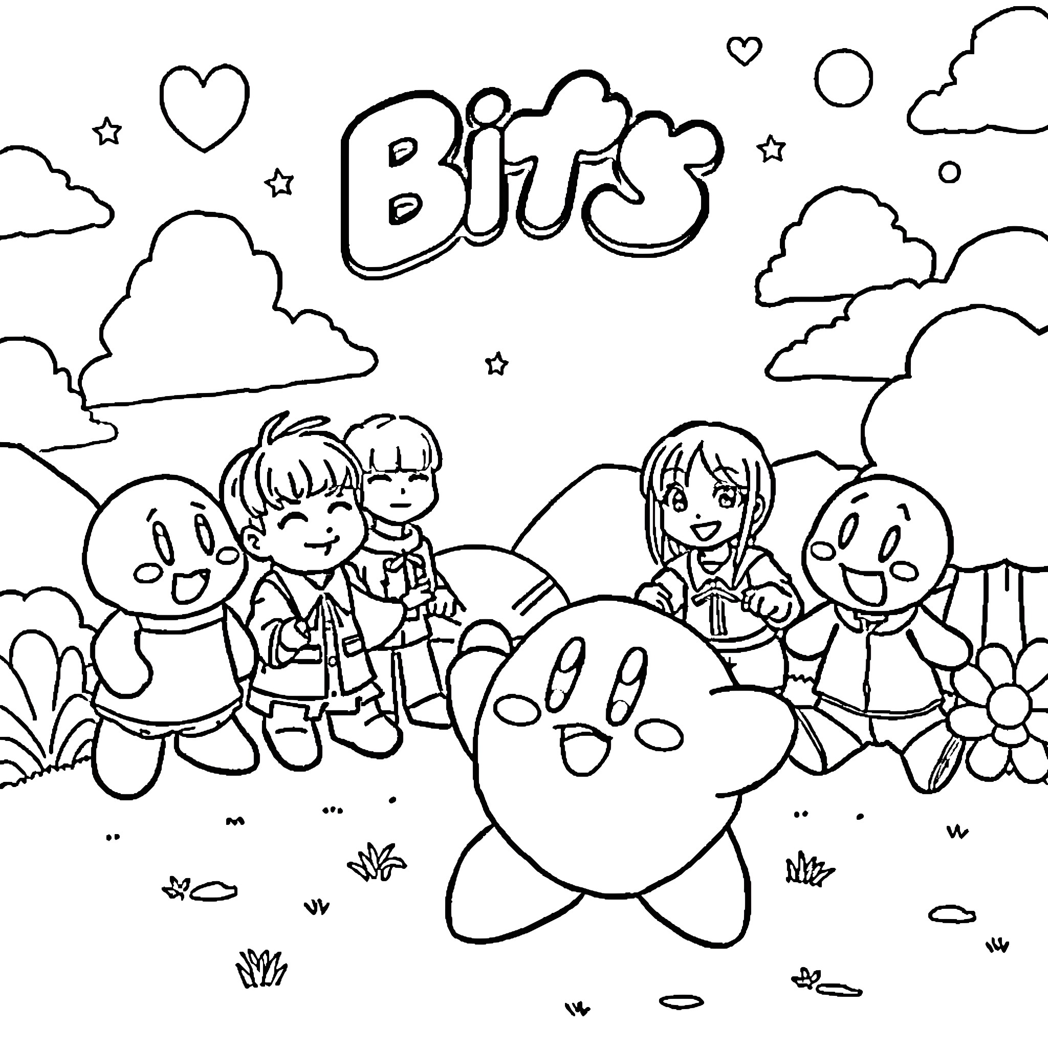 Kirby and Friends in a Cheerful Outdoor Scene Coloring Page (free black-and-white line drawing printable PDF for all, from beginners to advanced learners, including children, teens, adults, and seniors)