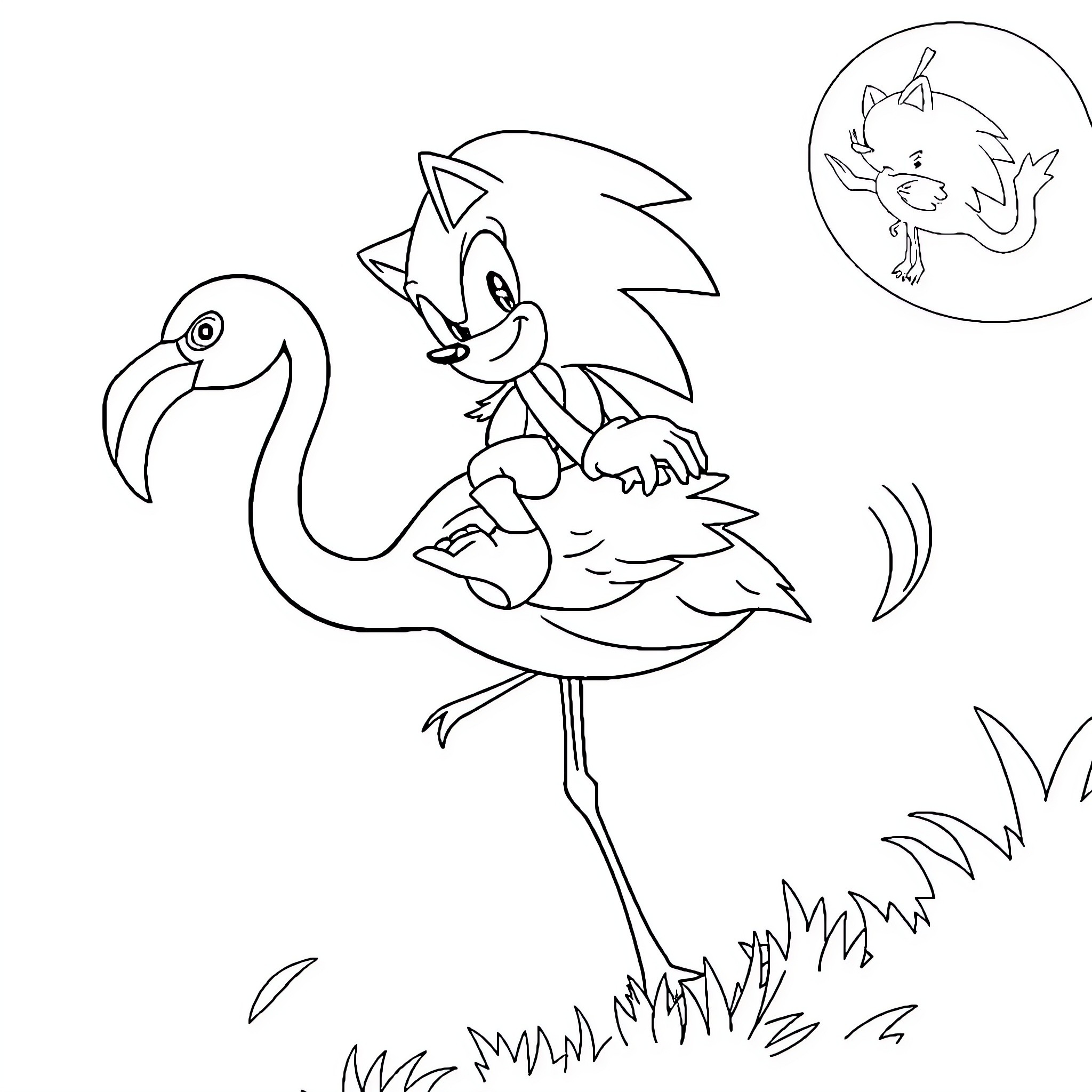 Sonic riding a colorful bird in the field Coloring Page (free black-and-white line drawing printable PDF for all, from beginners to advanced learners, including children, teens, adults, and seniors)