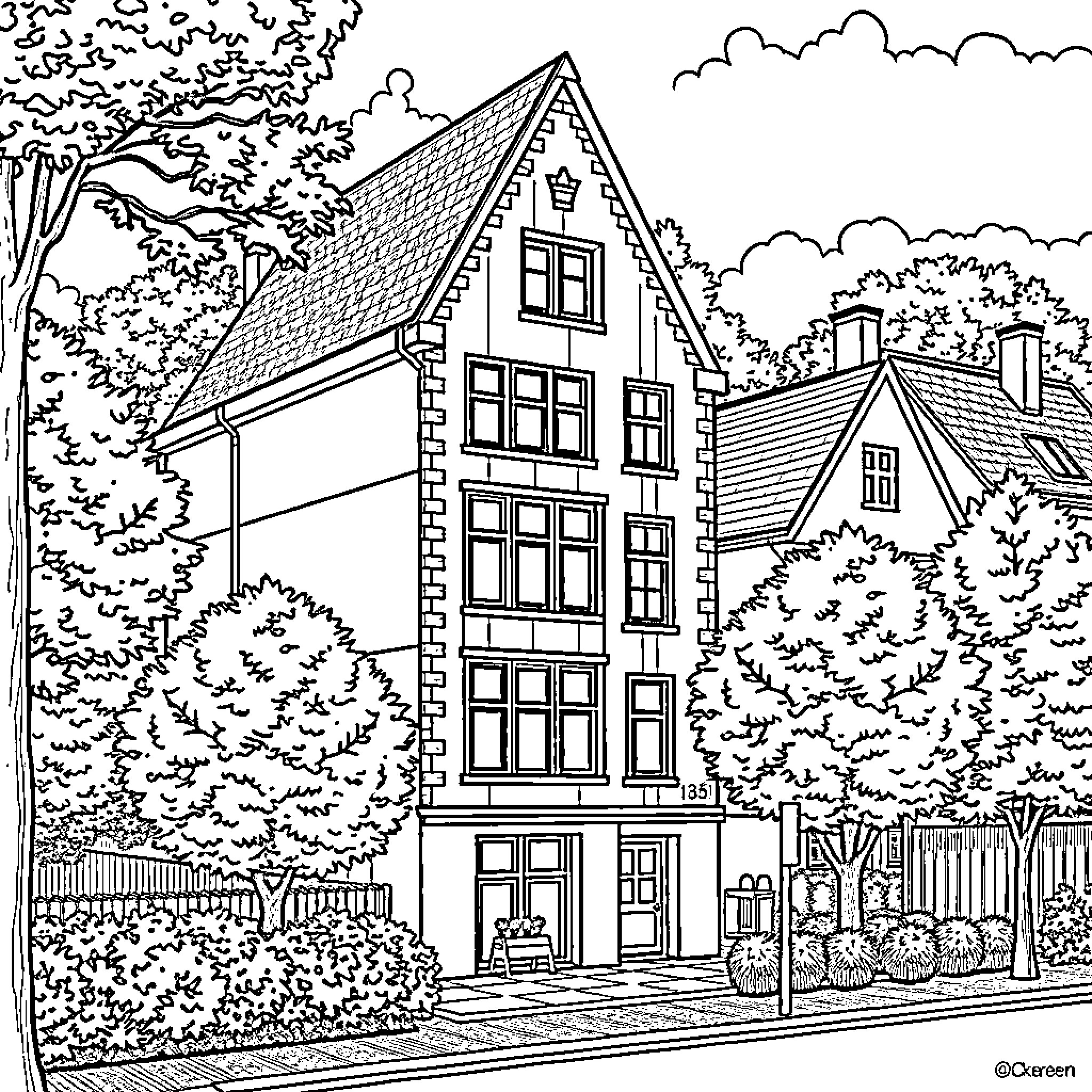 Lokeren: Detailed illustration of a quaint European town house Coloring Page (free black-and-white line drawing printable PDF for all, from beginners to advanced learners, including children, teens, adults, and seniors)