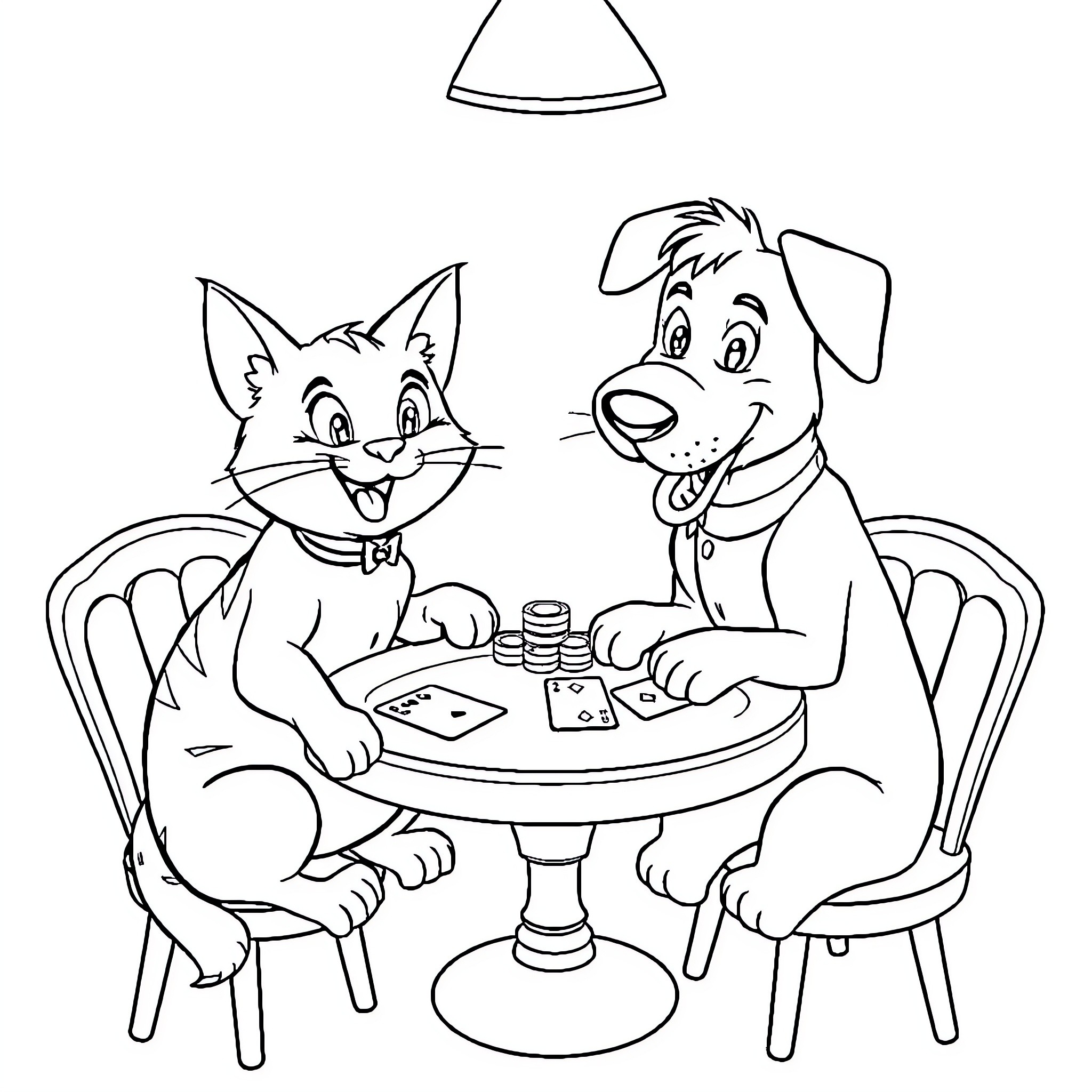 Cat and dog playing cards together Coloring Page (free black-and-white line drawing printable PDF for all, from beginners to advanced learners, including children, teens, adults, and seniors)