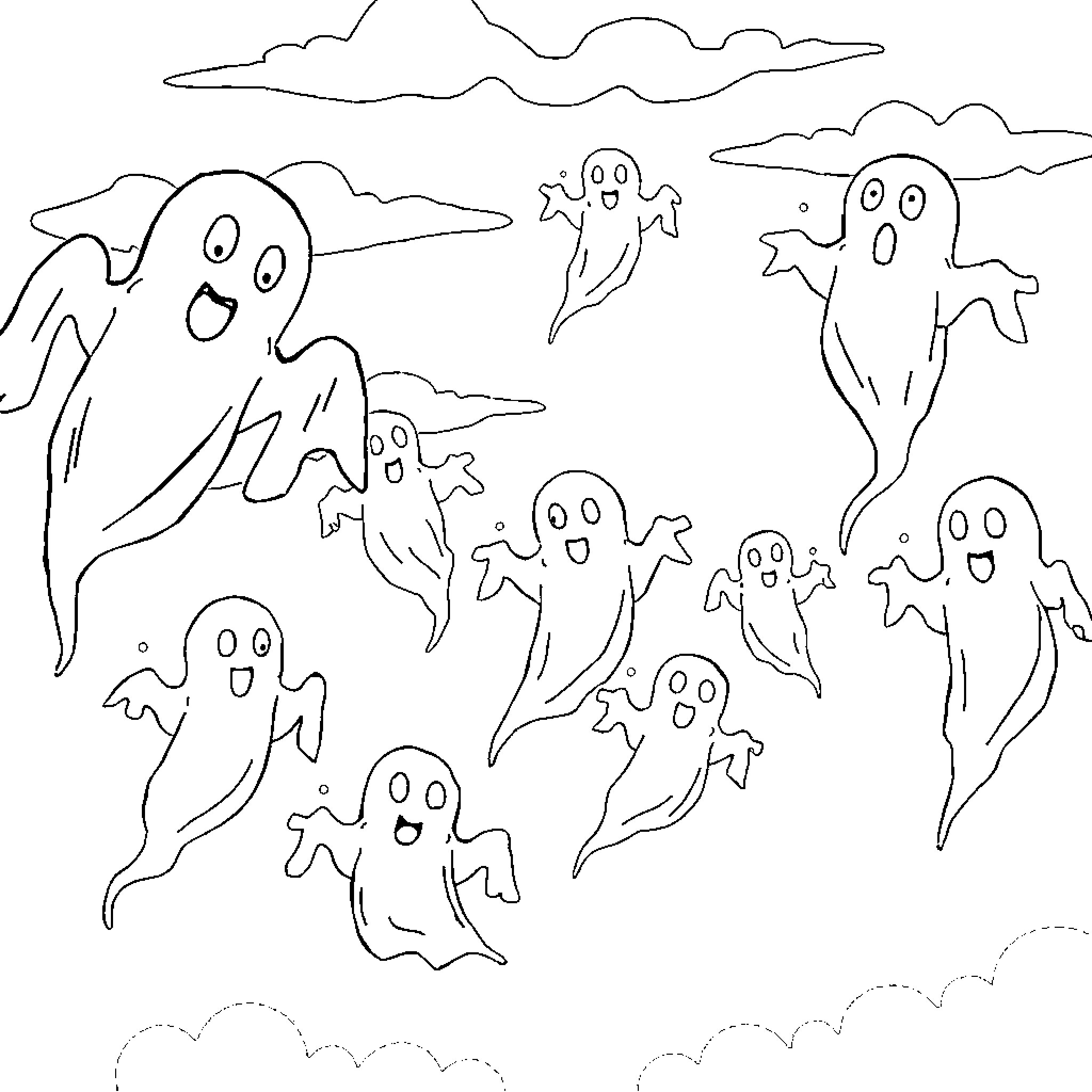 Ghost figures playfully floating in the sky Coloring Page (free black-and-white line drawing printable PDF for all, from beginners to advanced learners, including children, teens, adults, and seniors)