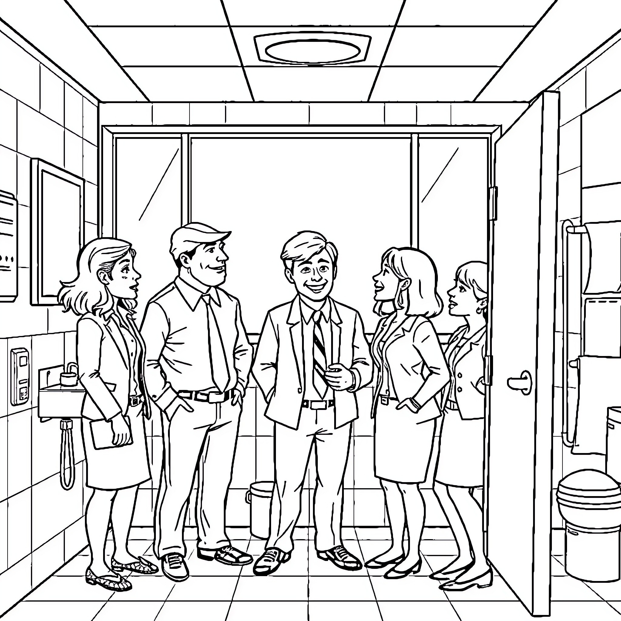 Office Characters Conversing in a Work Environment Coloring Page (free black-and-white line drawing printable PDF for all, from beginners to advanced learners, including children, teens, adults, and seniors)