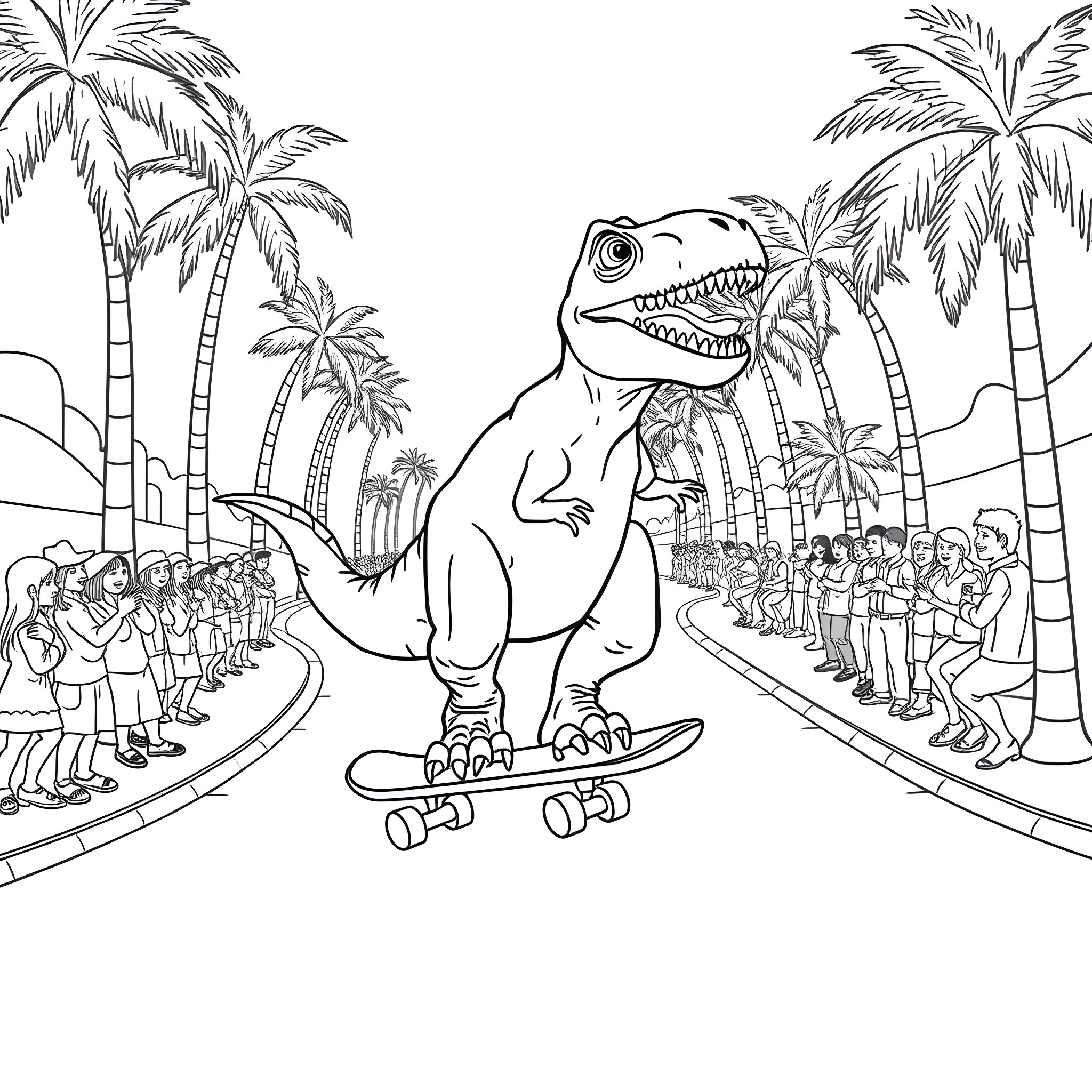 T-Rex skateboarding with people in tropical paradise Coloring Page (free black-and-white line drawing printable PDF for all, from beginners to advanced learners, including children, teens, adults, and seniors)
