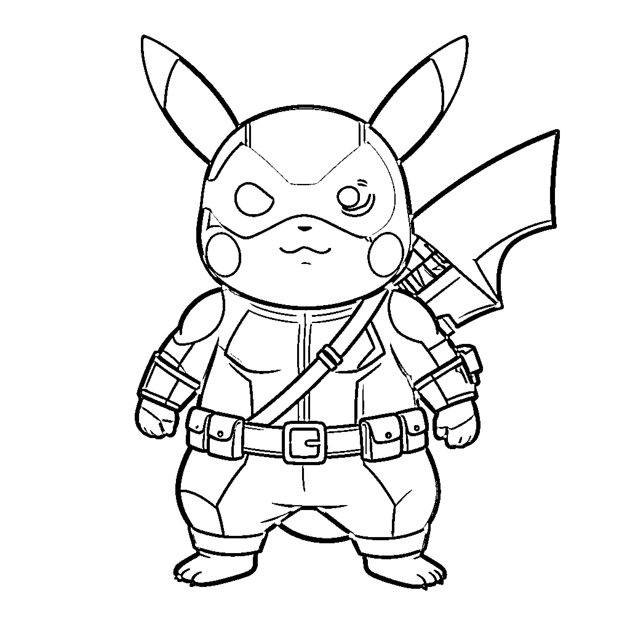 Pikachu in battle gear Coloring Page (free black-and-white line drawing printable PDF for all, from beginners to advanced learners, including children, teens, adults, and seniors)
