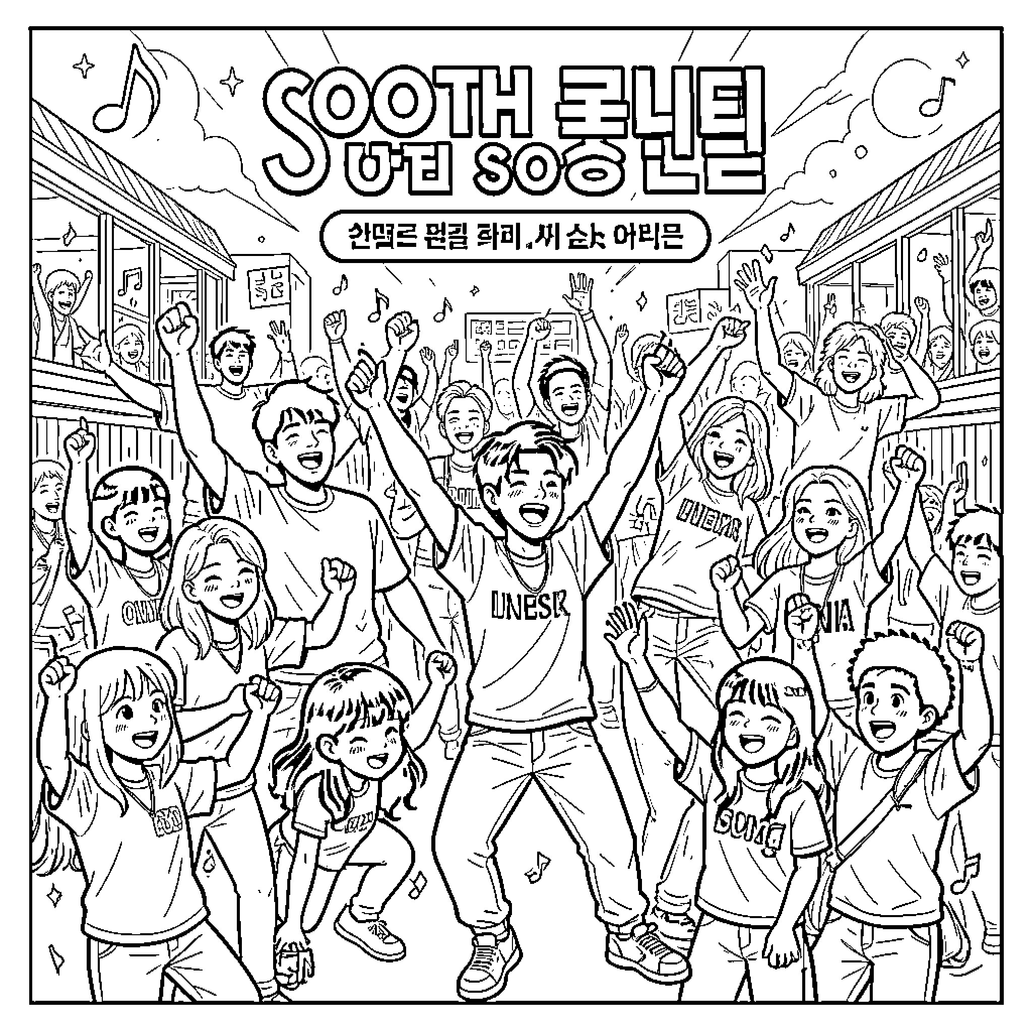 K Pop idols cheering enthusiastically on a bright stage Coloring Page (free black-and-white line drawing printable PDF for all, from beginners to advanced learners, including children, teens, adults, and seniors)