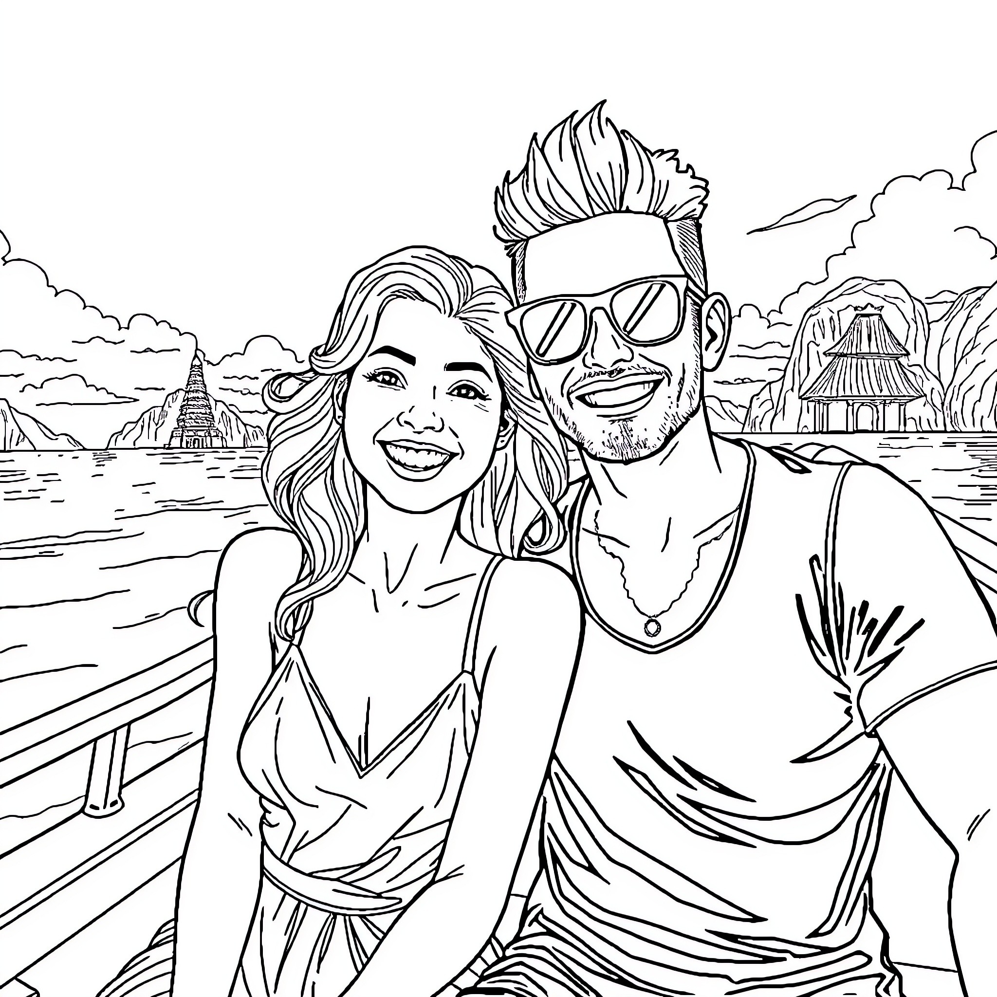 Nerd couple enjoying tropical vacation Coloring Page (free black-and-white line drawing printable PDF for all, from beginners to advanced learners, including children, teens, adults, and seniors)