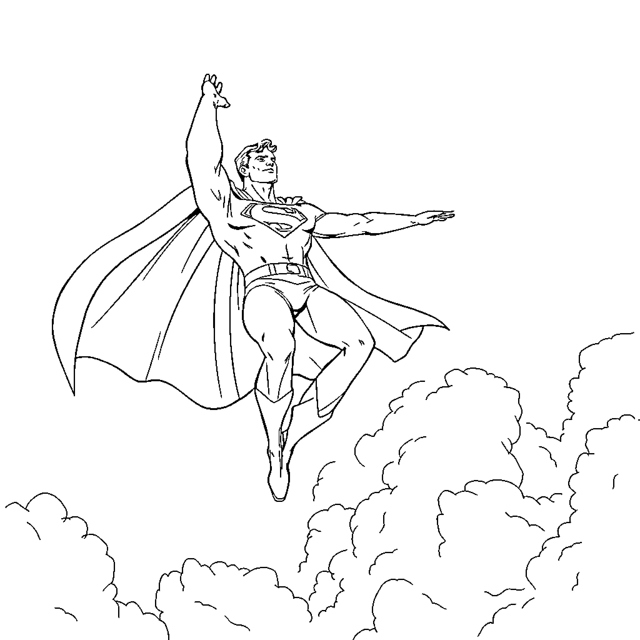 Superman soaring through the clouds with outstretched arms Coloring Page (free black-and-white line drawing printable PDF for all, from beginners to advanced learners, including children, teens, adults, and seniors)